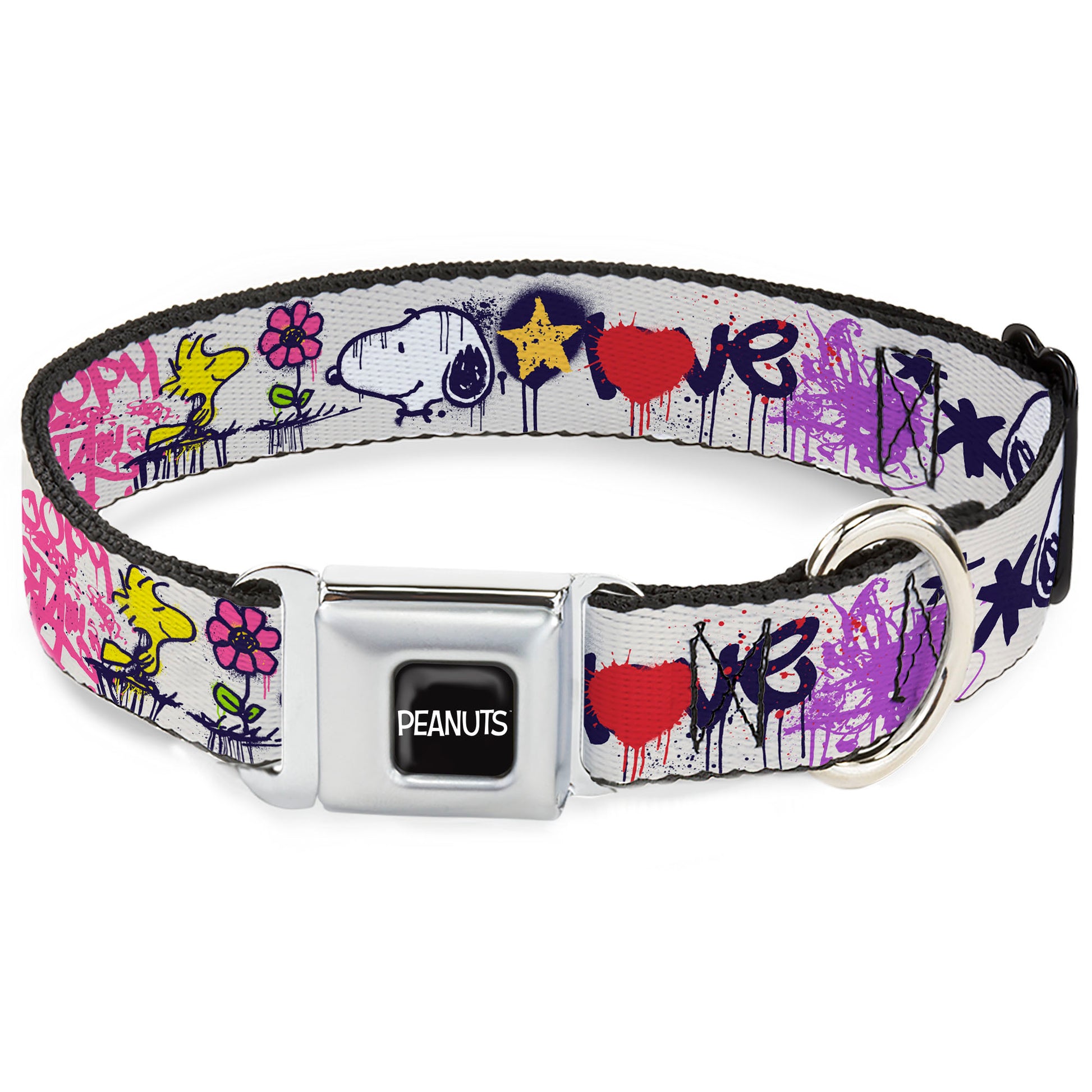 PEANUTS Title Logo Full Color Black/White Seatbelt Buckle Collar - Peanuts Snoopy and Woodstock Graffiti Collage White/Multi Color Seatbelt Buckle Collars Peanuts