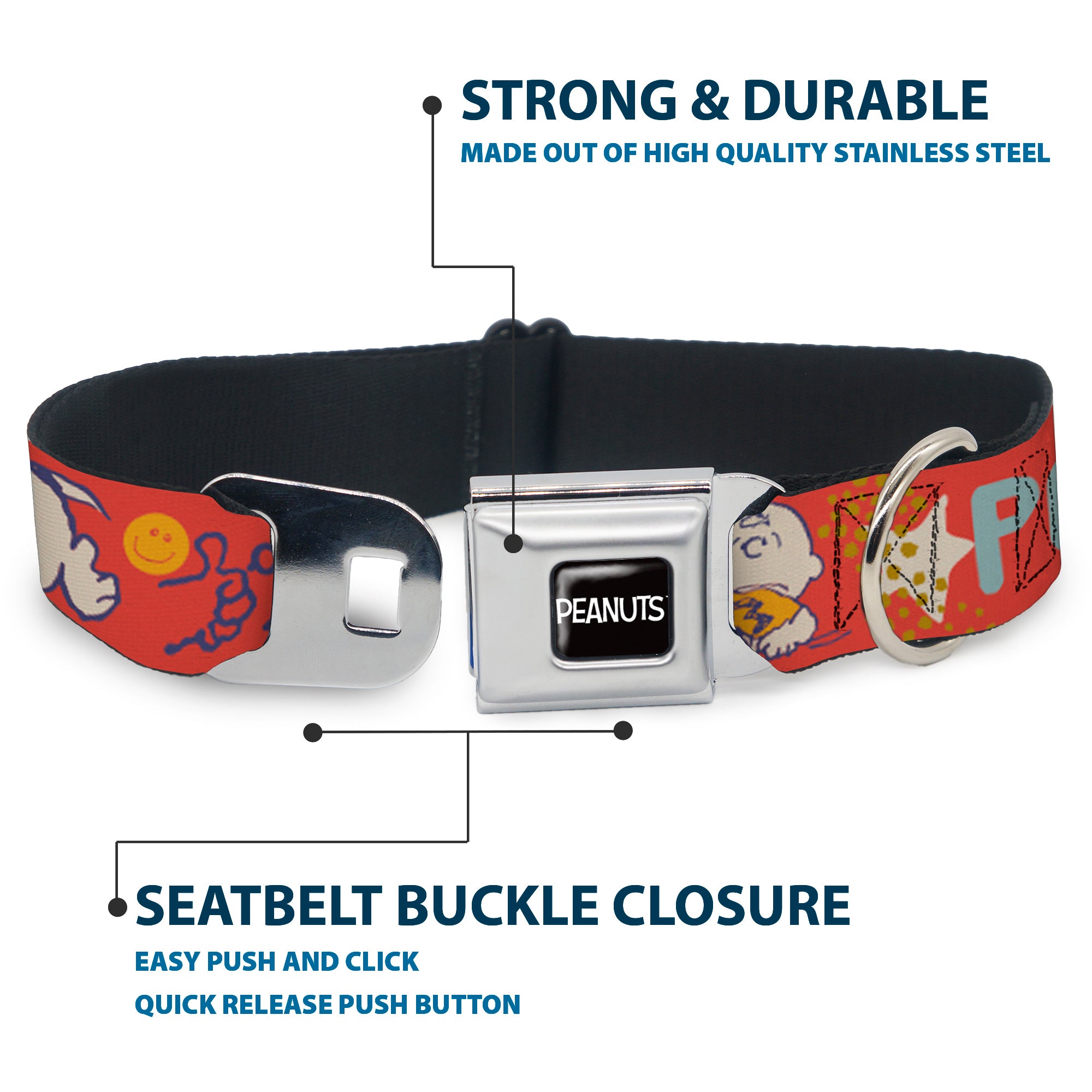 PEANUTS Title Logo Full Color Black/White Seatbelt Buckle Collar - Peanuts Gang SEMI-POSITIVE VIBES Quote Red/Blues/White Seatbelt Buckle Collars Peanuts