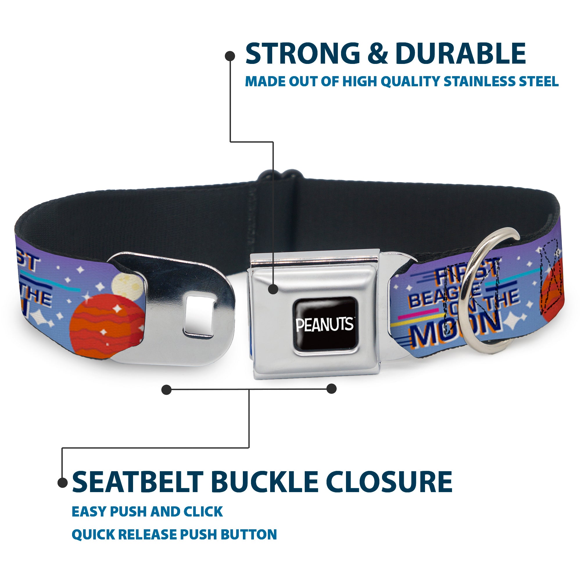 PEANUTS Title Logo Full Color Black/White Seatbelt Buckle Collar - Peanuts Astronaut Snoopy Launch Poses and Text White/Multi Color Seatbelt Buckle Collars Peanuts