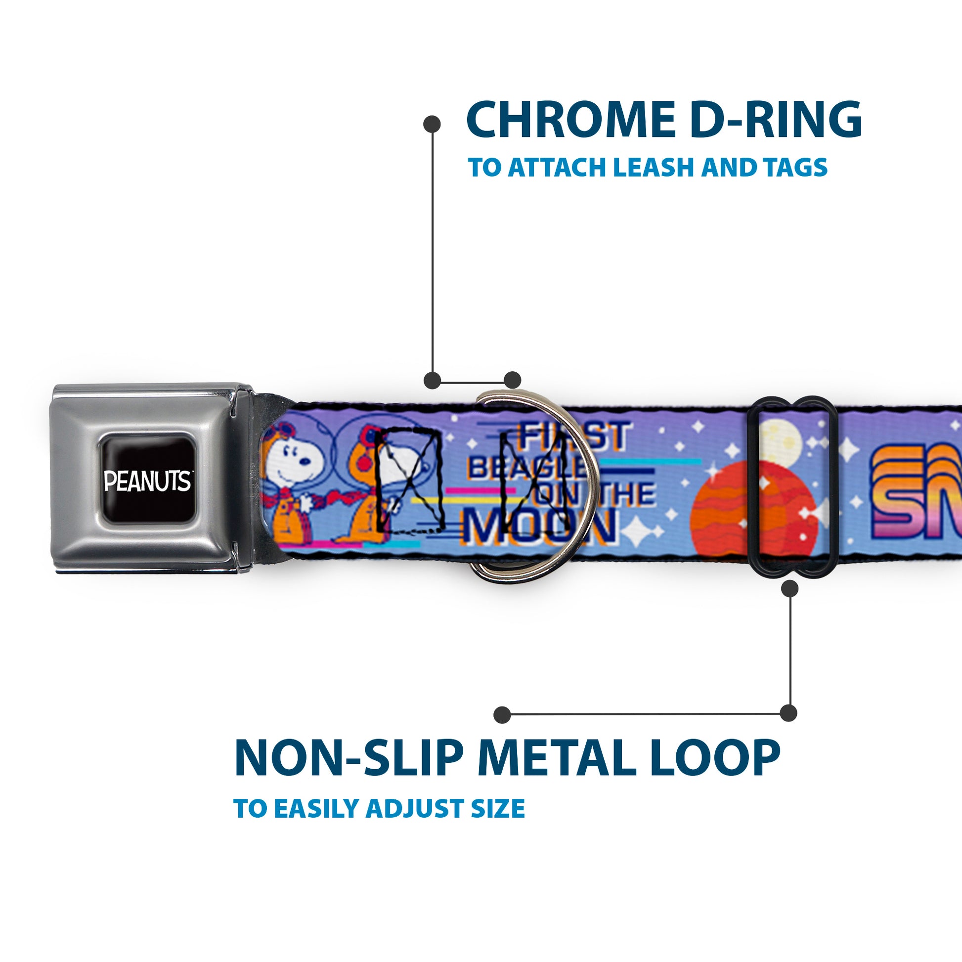 PEANUTS Title Logo Full Color Black/White Seatbelt Buckle Collar - Peanuts Astronaut Snoopy Launch Poses and Text White/Multi Color Seatbelt Buckle Collars Peanuts