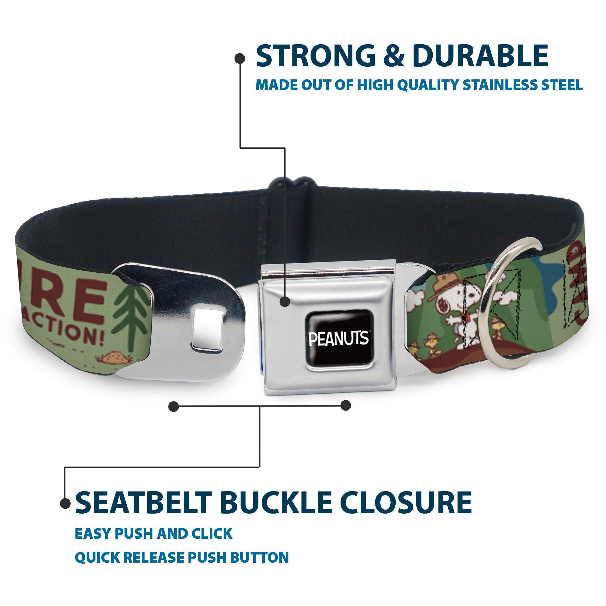 PEANUTS Title Logo Full Color Black/White Seatbelt Buckle Collar - Peanuts HAPPY CAMPER BEAGLE SCOUTS Scenes Seatbelt Buckle Collars Peanuts