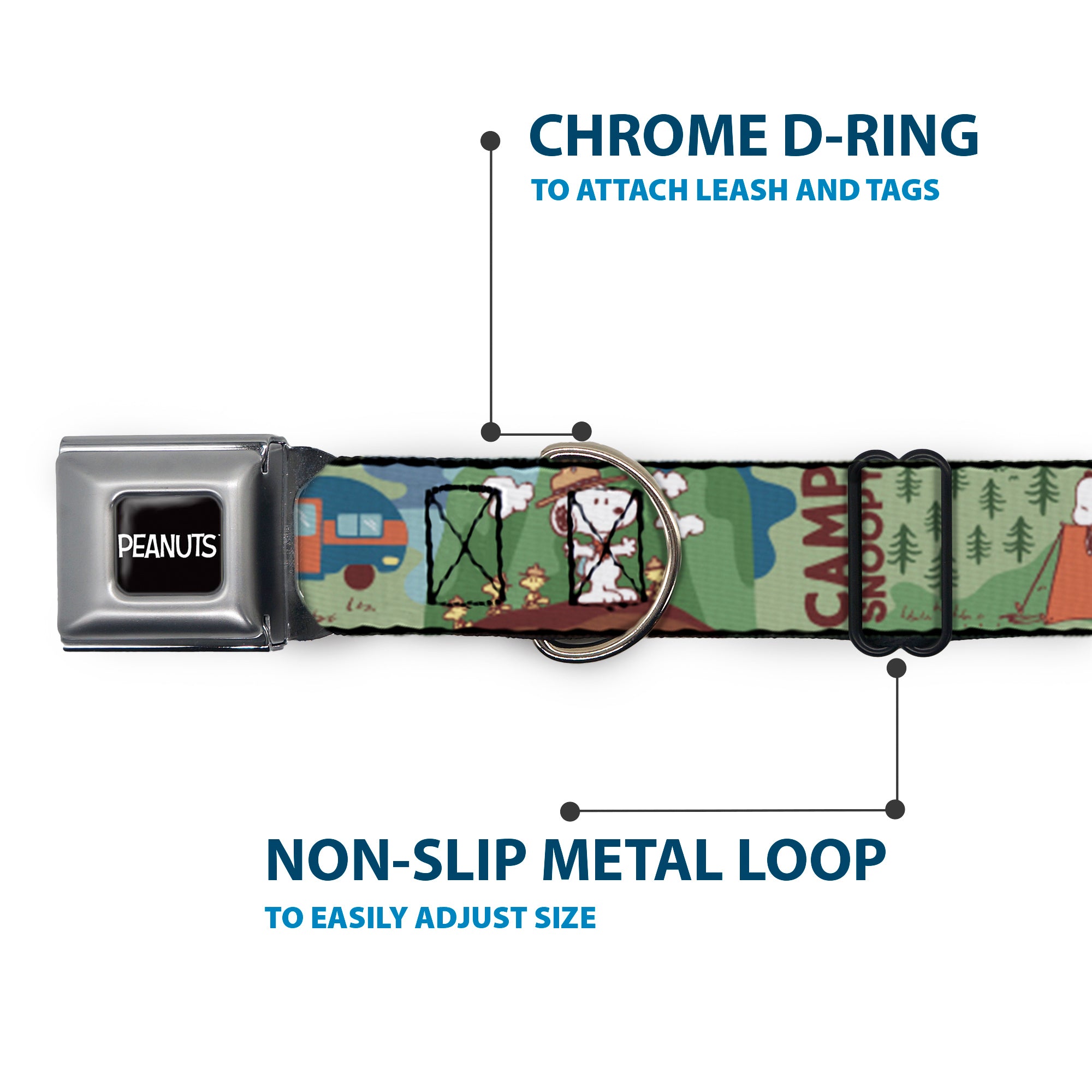 PEANUTS Title Logo Full Color Black/White Seatbelt Buckle Collar - Peanuts HAPPY CAMPER BEAGLE SCOUTS Scenes Seatbelt Buckle Collars Peanuts