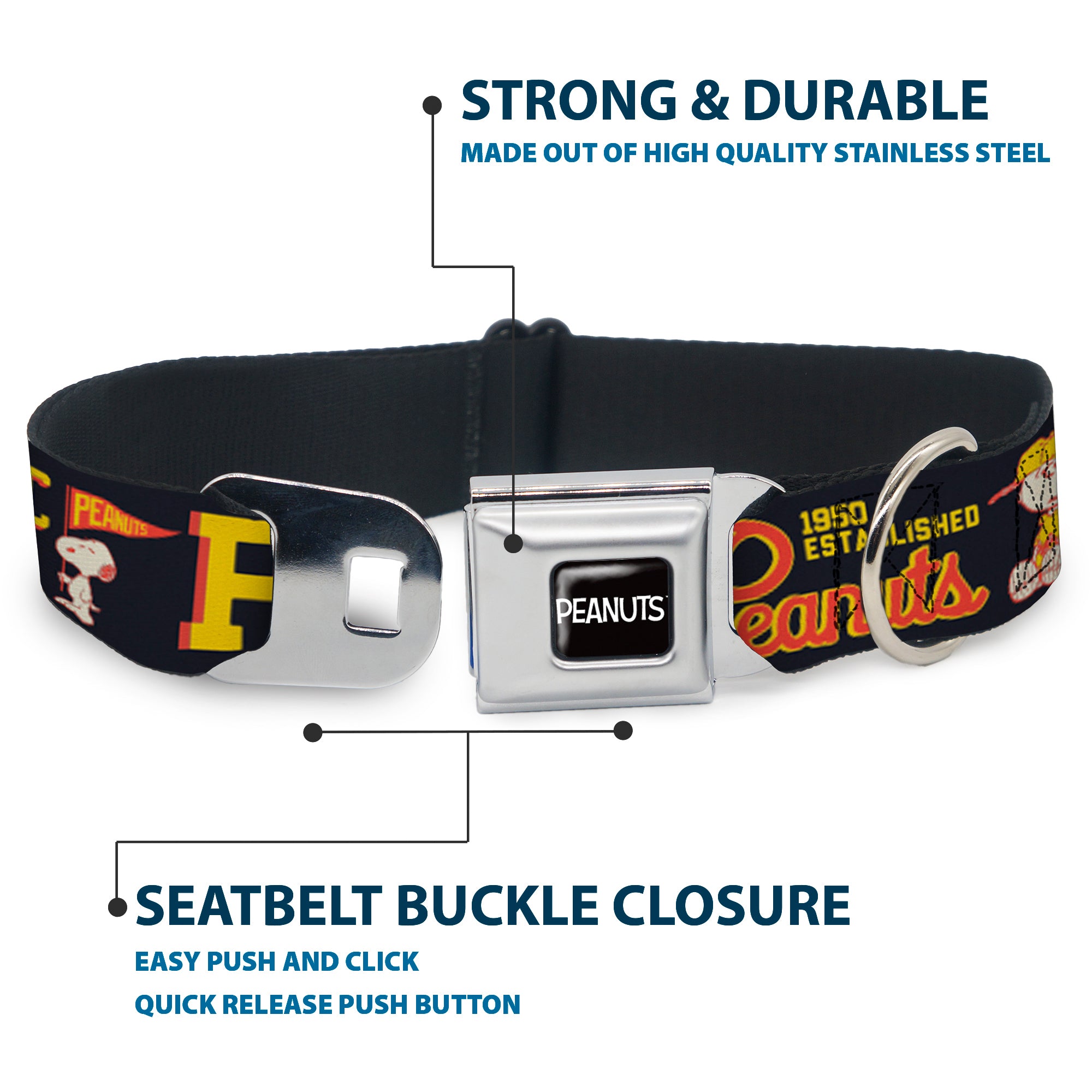 PEANUTS Title Logo Full Color Black/White Seatbelt Buckle Collar - PEANUTS ATHLETIC CLUB Varsity Poses and Quotes Collage Black/Red/Yellow Seatbelt Buckle Collars Peanuts