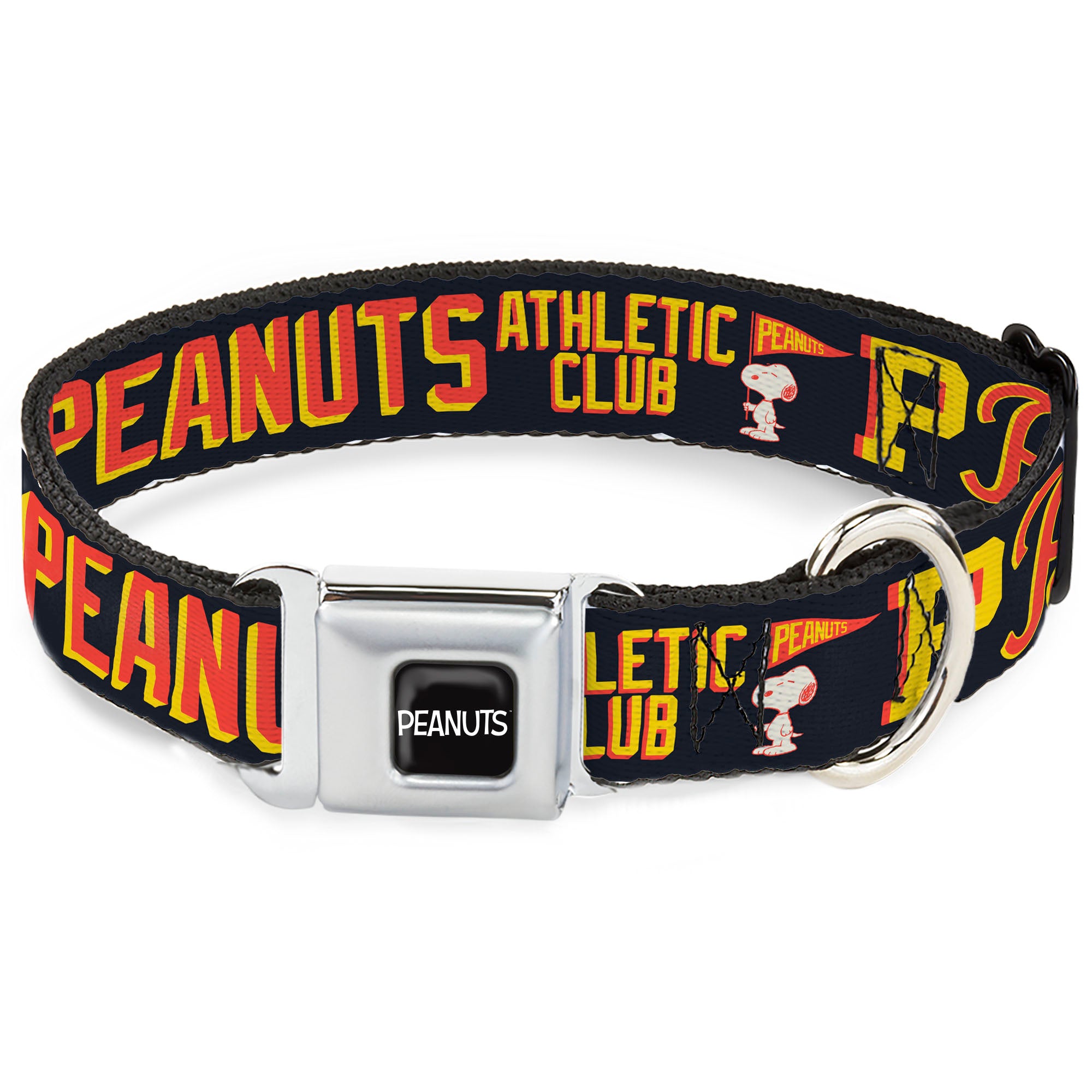 PEANUTS Title Logo Full Color Black/White Seatbelt Buckle Collar - PEANUTS ATHLETIC CLUB Varsity Poses and Quotes Collage Black/Red/Yellow Seatbelt Buckle Collars Peanuts