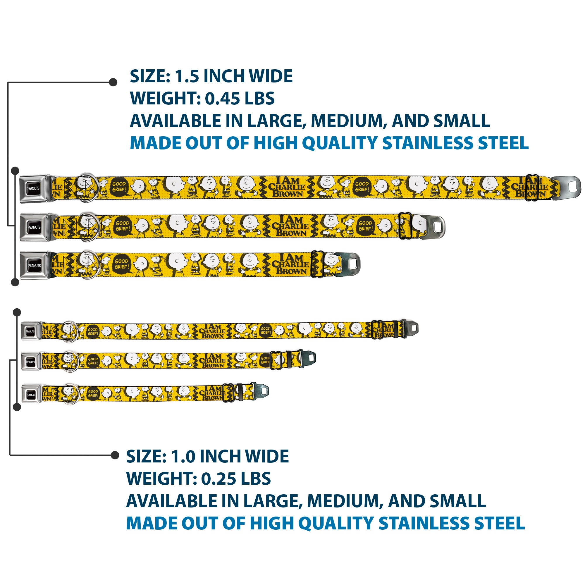 PEANUTS Title Logo Full Color Black/White Seatbelt Buckle Collar - Peanuts I AM CHARLIE BROWN Poses and Zig Zag Stripe Yellows/Black Seatbelt Buckle Collars Peanuts