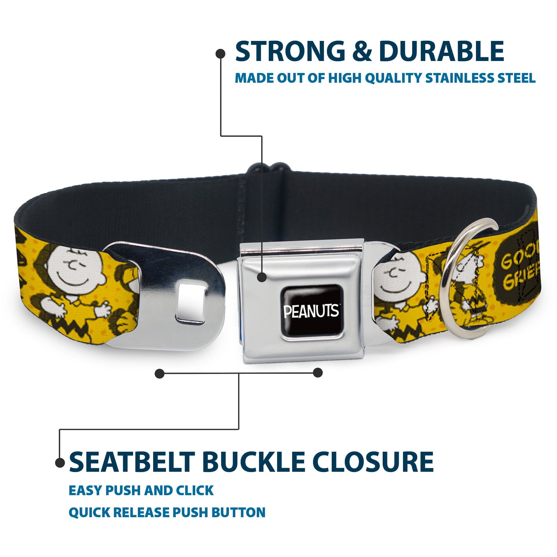 PEANUTS Title Logo Full Color Black/White Seatbelt Buckle Collar - Peanuts I AM CHARLIE BROWN Poses and Zig Zag Stripe Yellows/Black Seatbelt Buckle Collars Peanuts