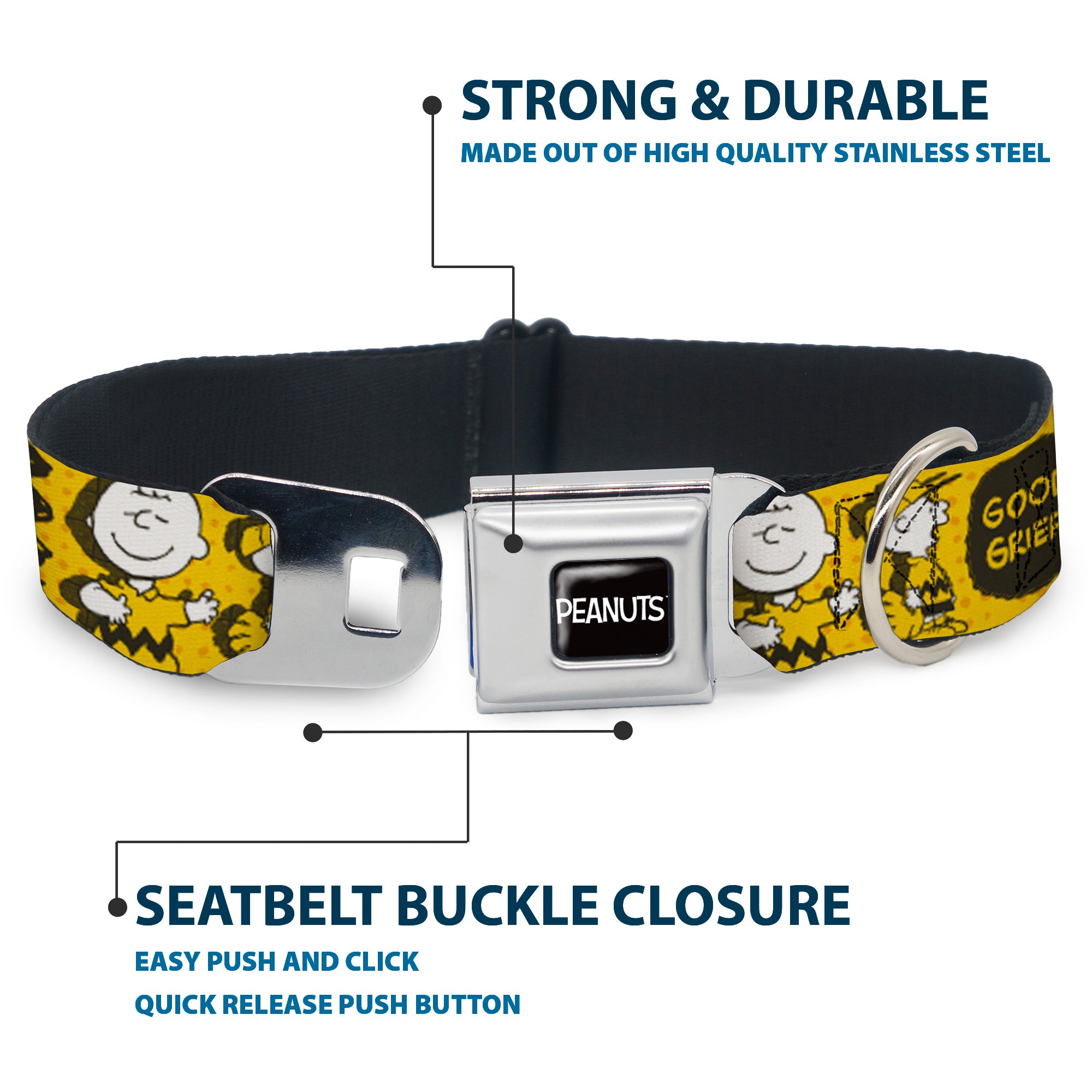 PEANUTS Title Logo Full Color Black/White Seatbelt Buckle Collar - Peanuts I AM CHARLIE BROWN Poses and Zig Zag Stripe Yellows/Black Seatbelt Buckle Collars Peanuts