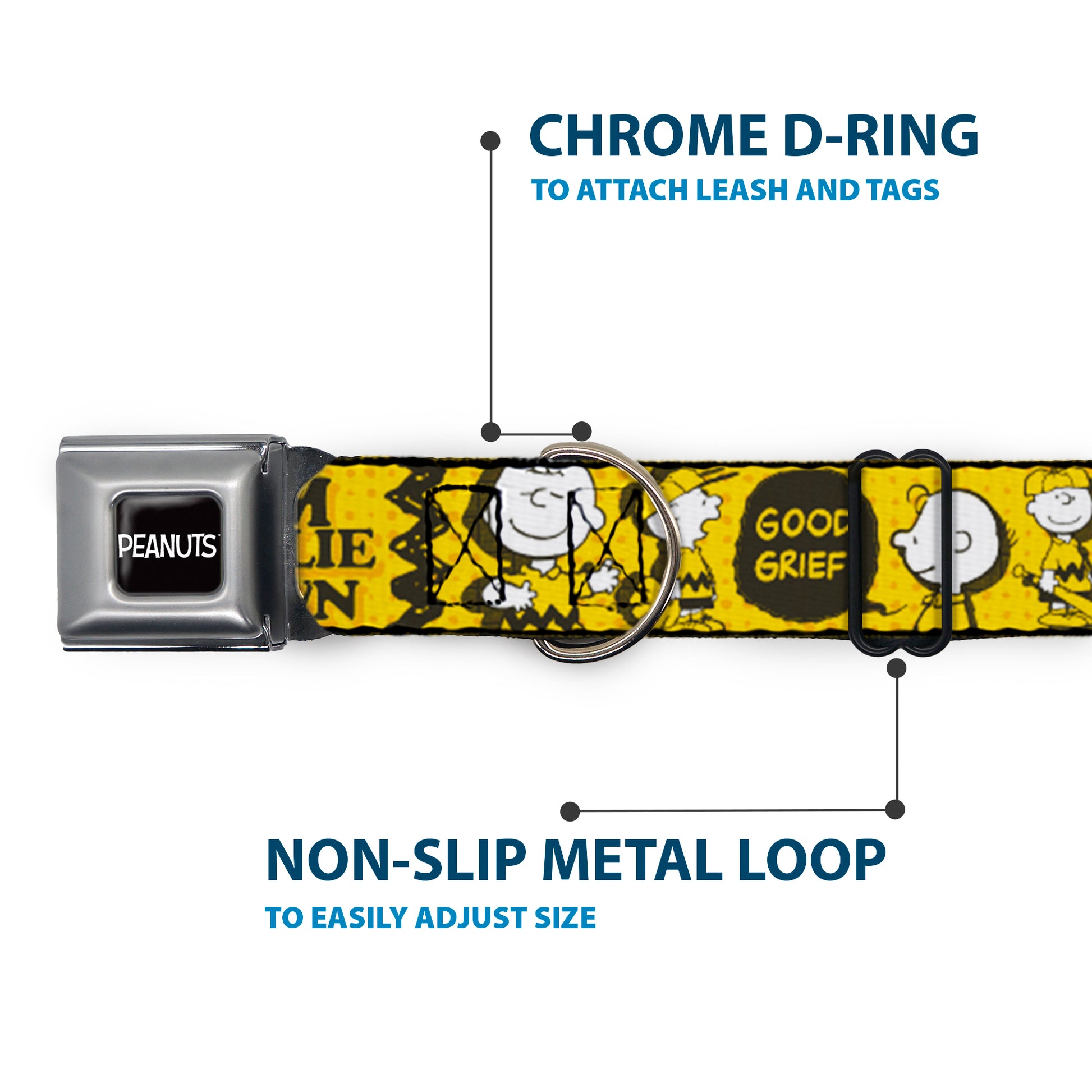 PEANUTS Title Logo Full Color Black/White Seatbelt Buckle Collar - Peanuts I AM CHARLIE BROWN Poses and Zig Zag Stripe Yellows/Black Seatbelt Buckle Collars Peanuts