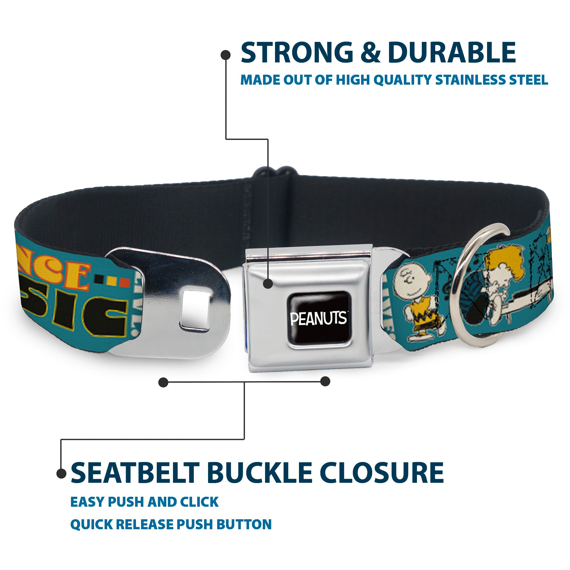 PEANUTS Title Logo Full Color Black/White Seatbelt Buckle Collar - Peanuts Gang DANCE MUSIC Poses and Quotes Blue/Multi Color Seatbelt Buckle Collars Peanuts