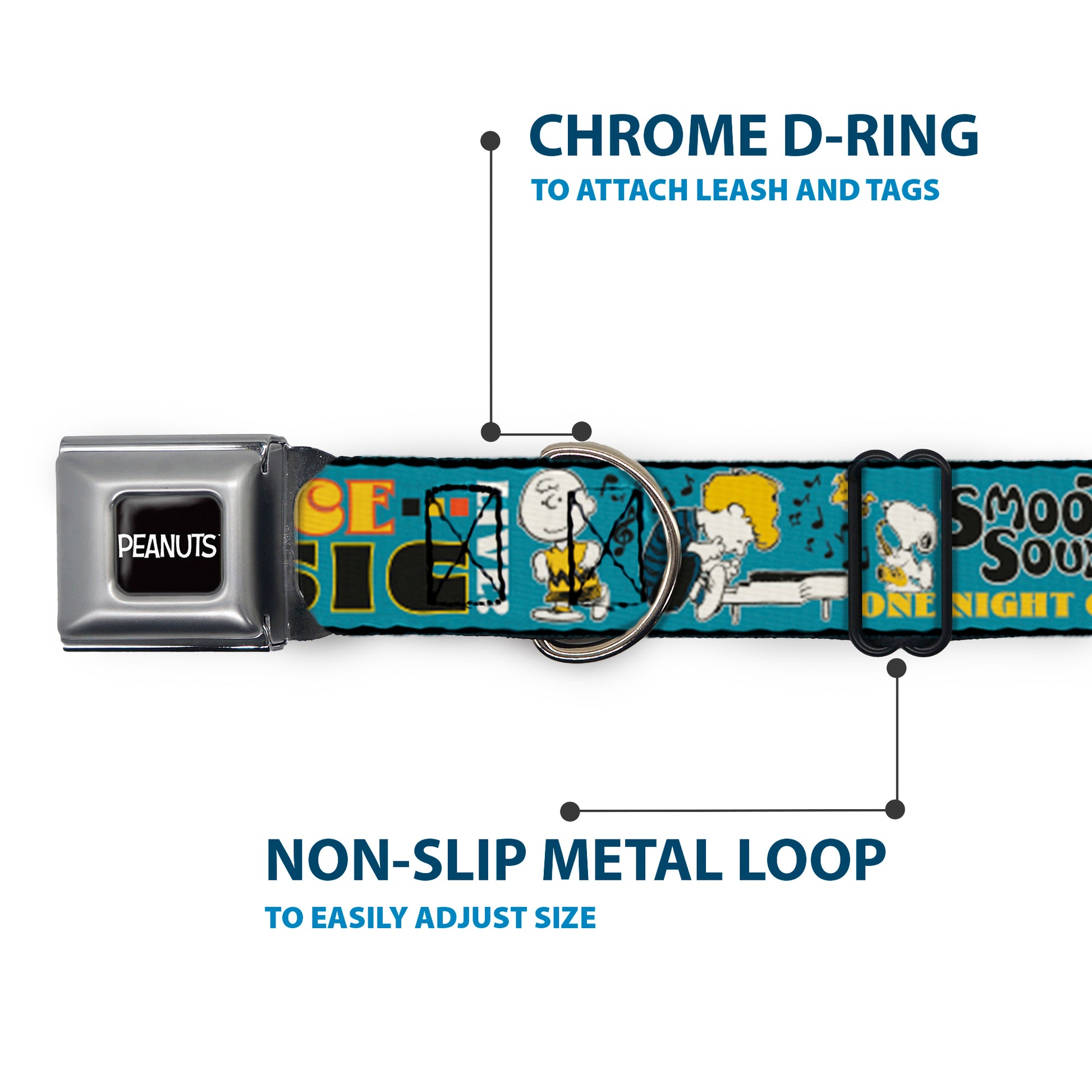 PEANUTS Title Logo Full Color Black/White Seatbelt Buckle Collar - Peanuts Gang DANCE MUSIC Poses and Quotes Blue/Multi Color Seatbelt Buckle Collars Peanuts