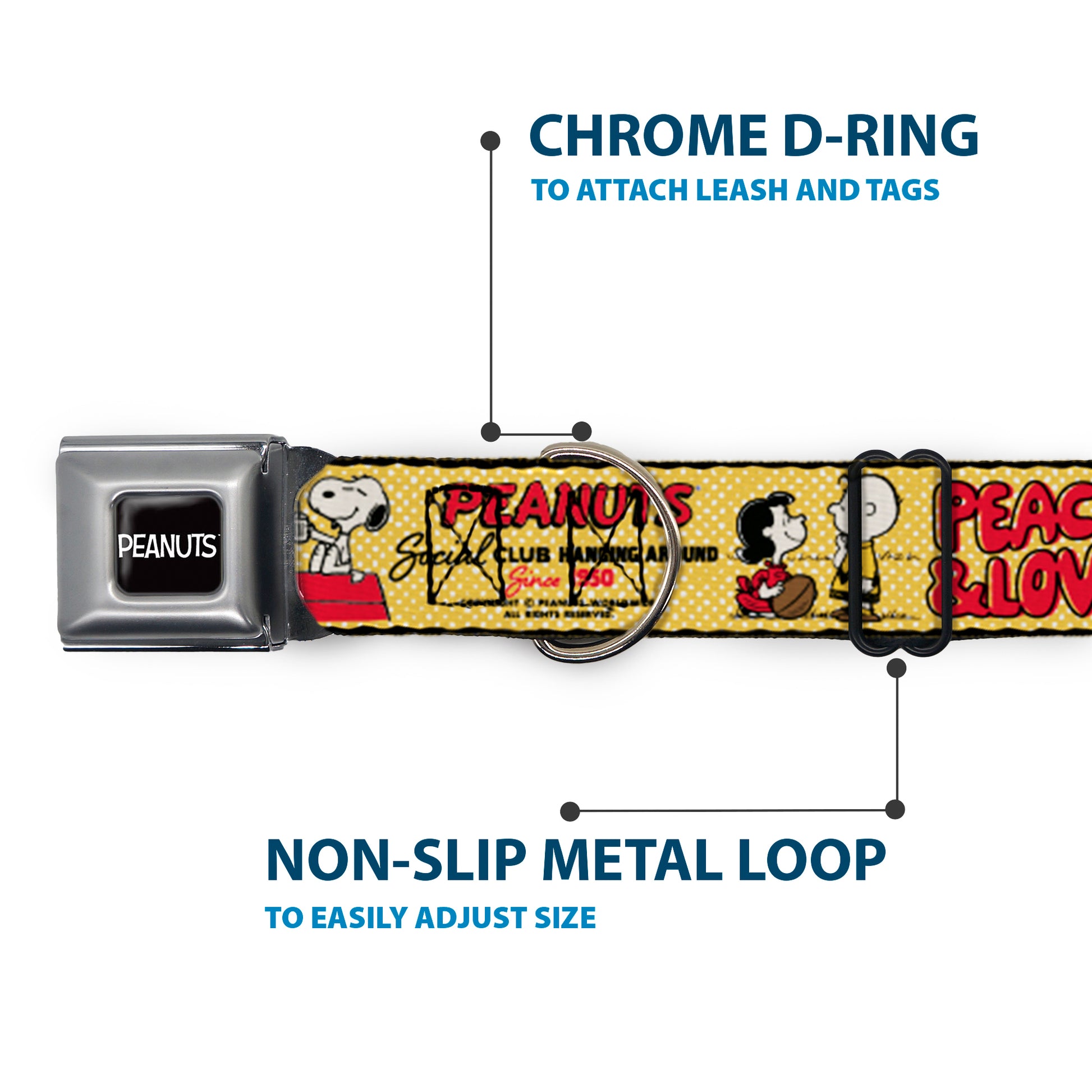 PEANUTS Title Logo Full Color Black/White Seatbelt Buckle Collar - PEANUTS SOCIAL CLUB PEACE & LOVE Scenes Yellow/Red Seatbelt Buckle Collars Peanuts