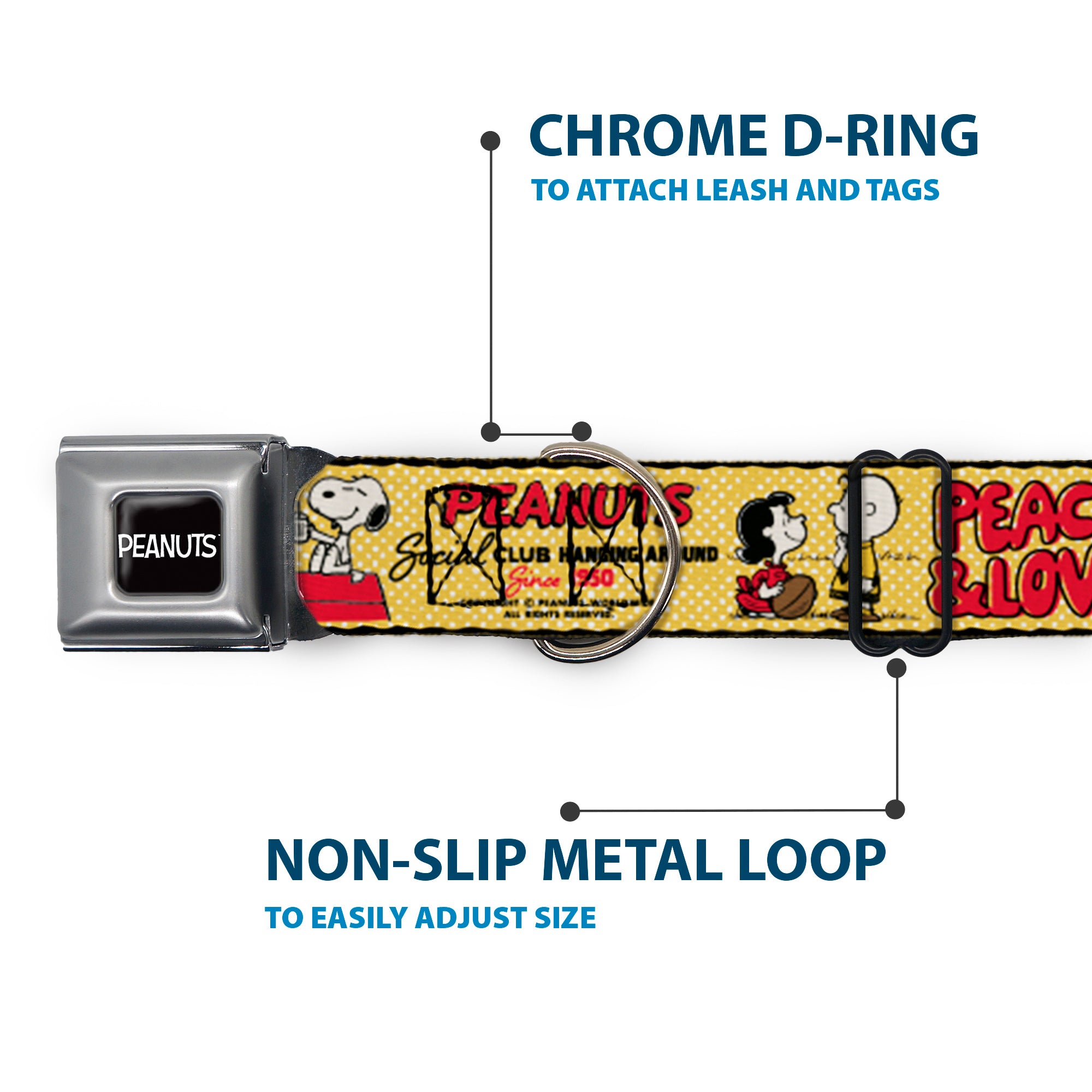 PEANUTS Title Logo Full Color Black/White Seatbelt Buckle Collar - PEANUTS SOCIAL CLUB PEACE & LOVE Scenes Yellow/Red Seatbelt Buckle Collars Peanuts