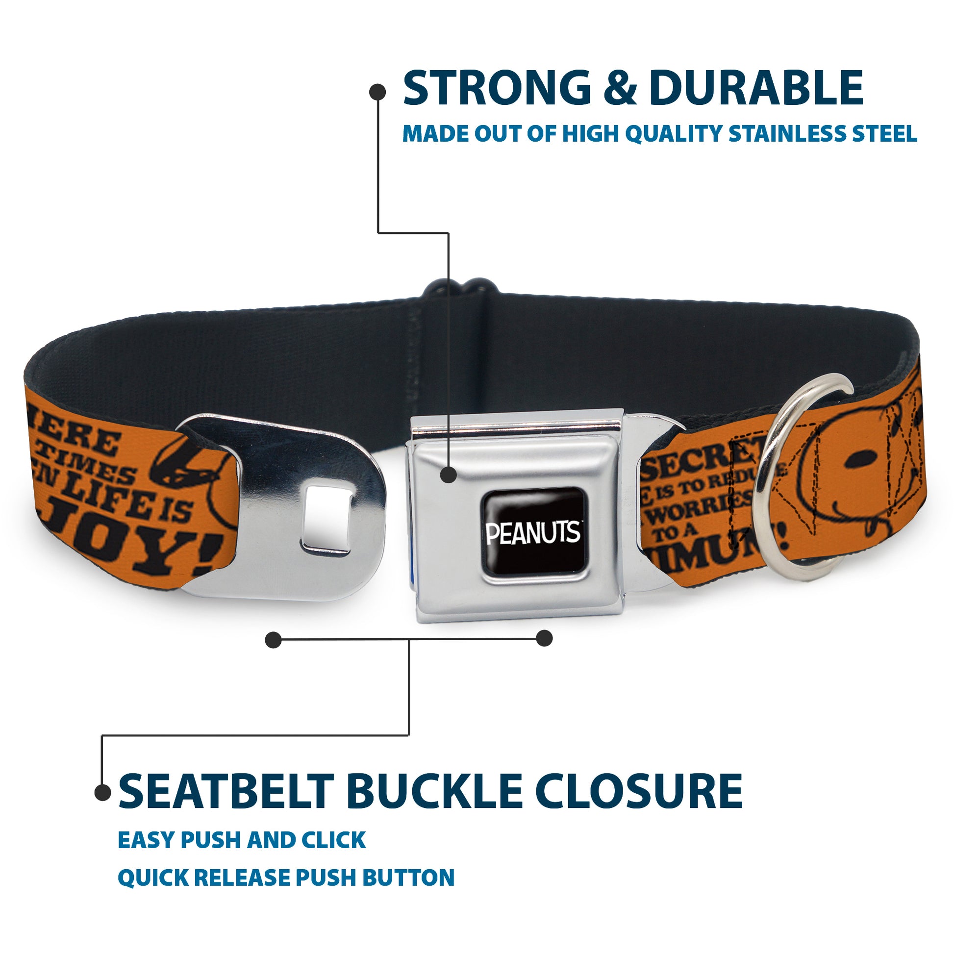 PEANUTS Title Logo Full Color Black/White Seatbelt Buckle Collar - Snoopy Poses and Quotes Collage Orange/Black Seatbelt Buckle Collars Peanuts