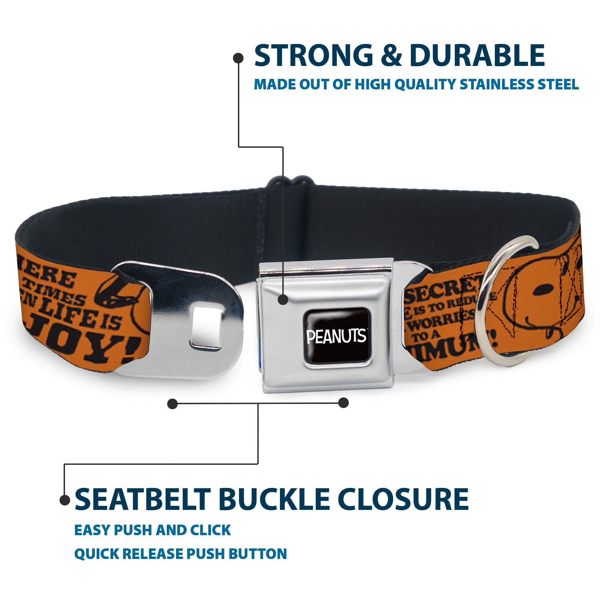 PEANUTS Title Logo Full Color Black/White Seatbelt Buckle Collar - Snoopy Poses and Quotes Collage Orange/Black Seatbelt Buckle Collars Peanuts