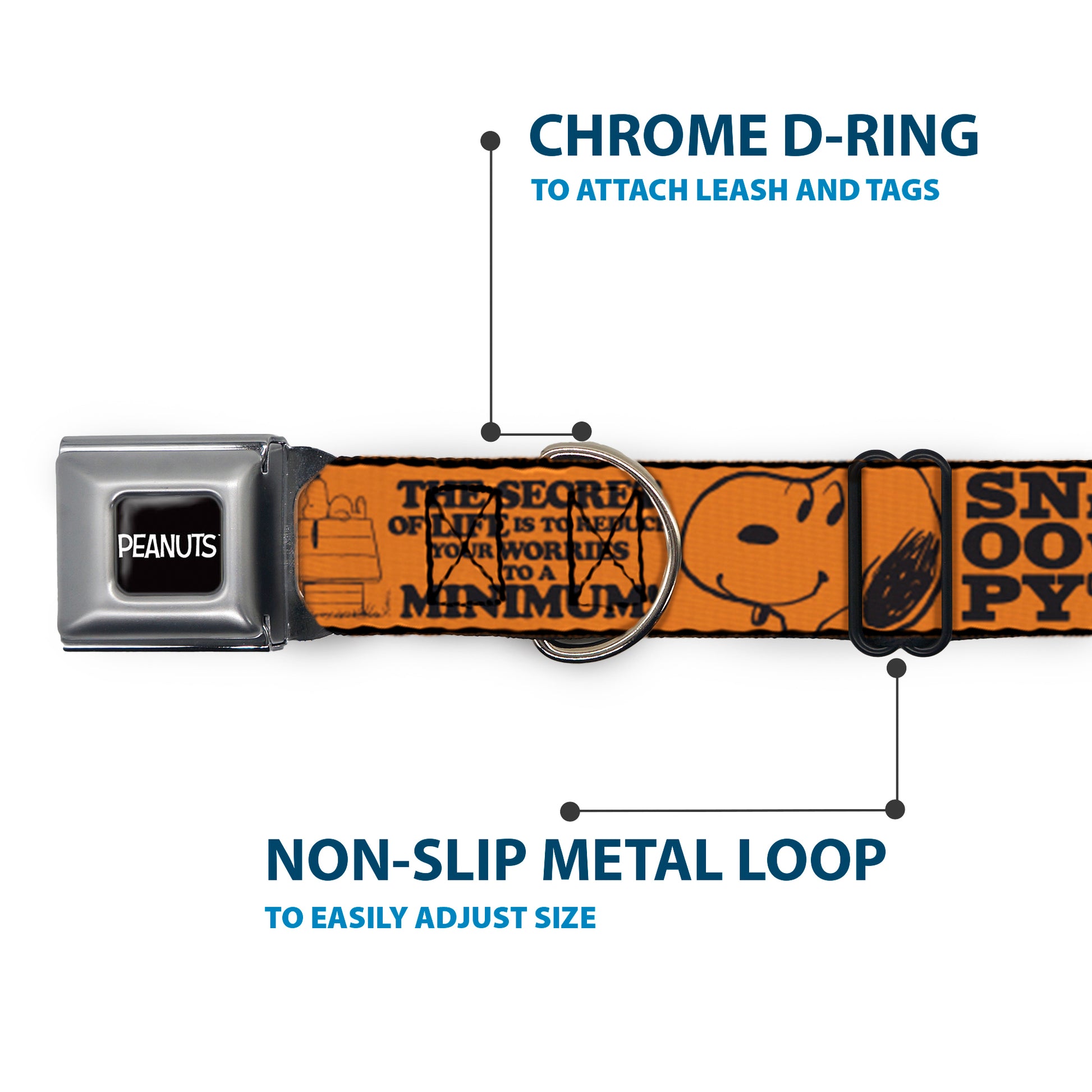 PEANUTS Title Logo Full Color Black/White Seatbelt Buckle Collar - Snoopy Poses and Quotes Collage Orange/Black Seatbelt Buckle Collars Peanuts