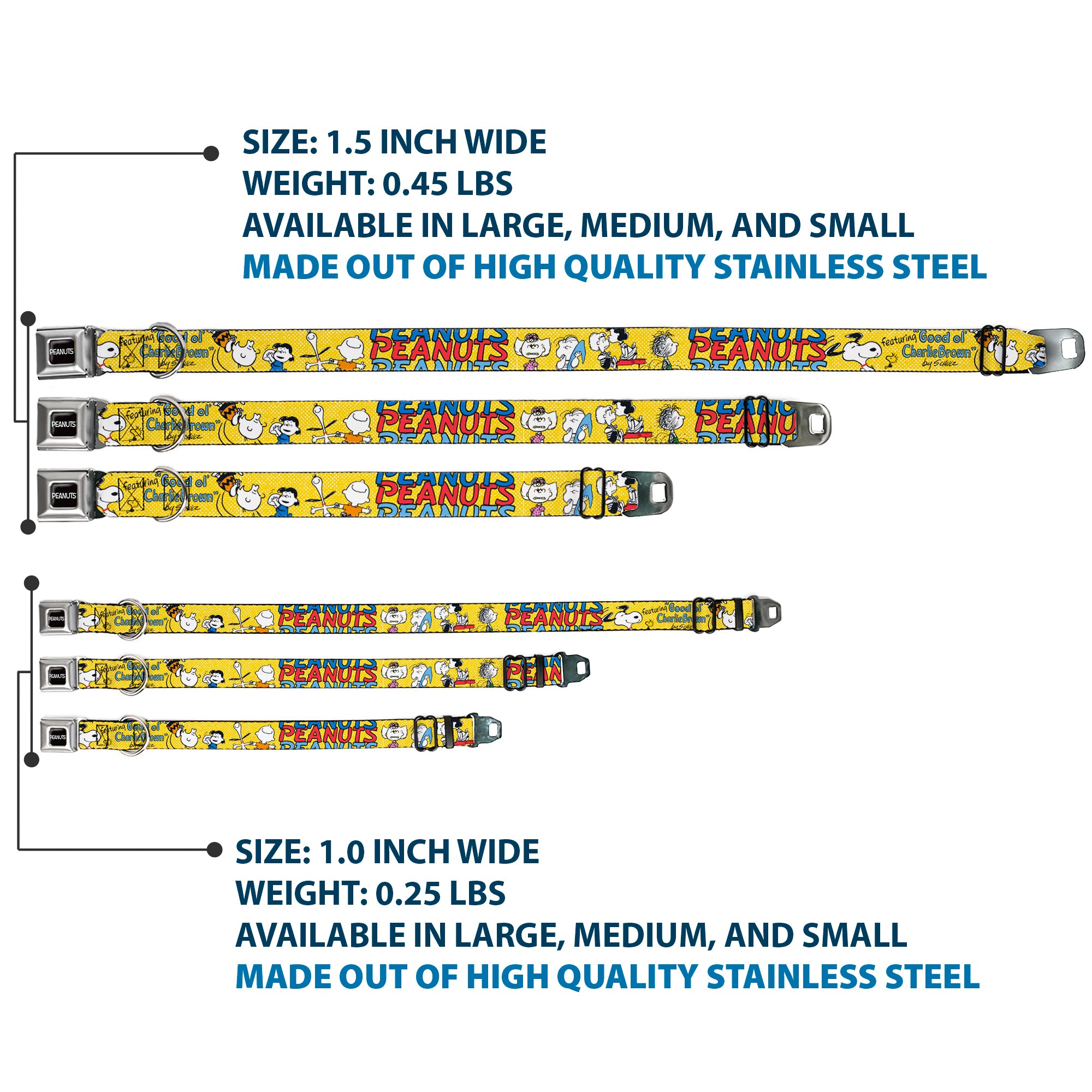 PEANUTS Title Logo Full Color Black/White Seatbelt Buckle Collar - PEANUTS Gang FEATURING GOOD OL CHARLIE BROWN Character Poses Yellow/Multi Color Seatbelt Buckle Collars Peanuts