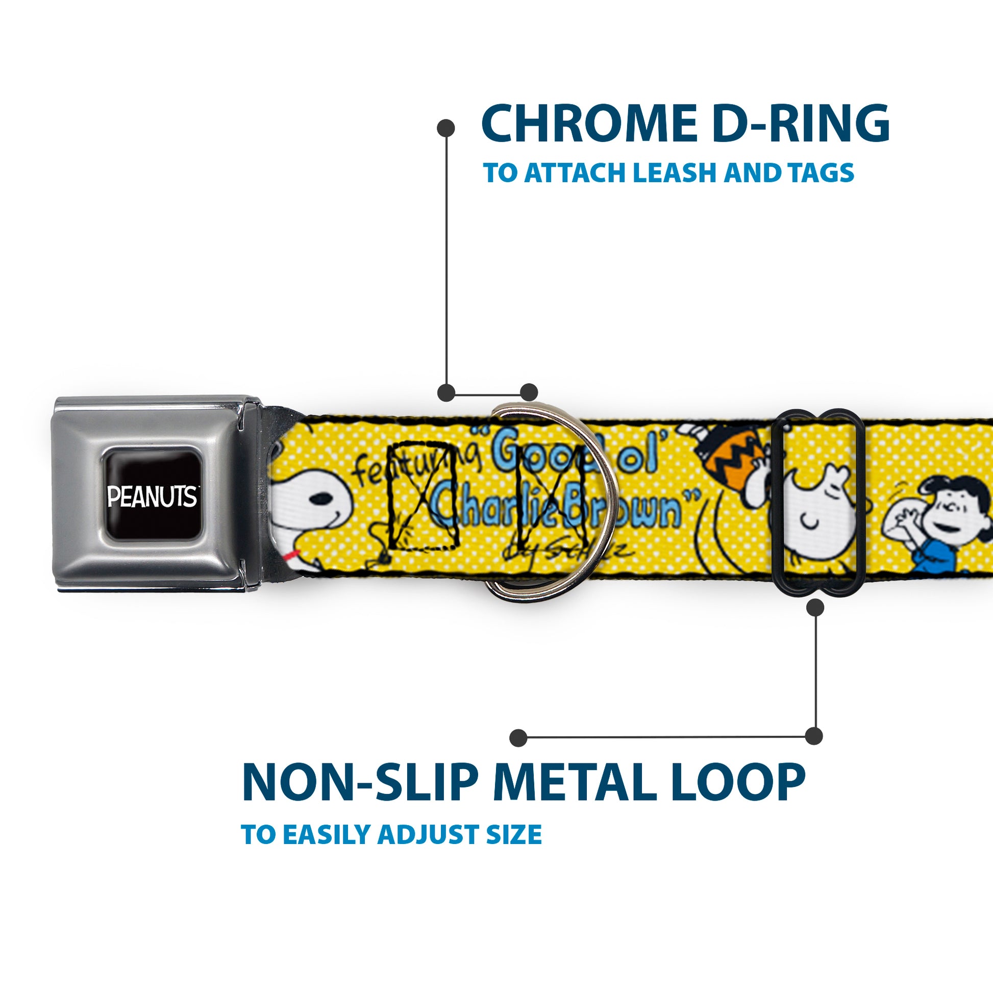 PEANUTS Title Logo Full Color Black/White Seatbelt Buckle Collar - PEANUTS Gang FEATURING GOOD OL CHARLIE BROWN Character Poses Yellow/Multi Color Seatbelt Buckle Collars Peanuts