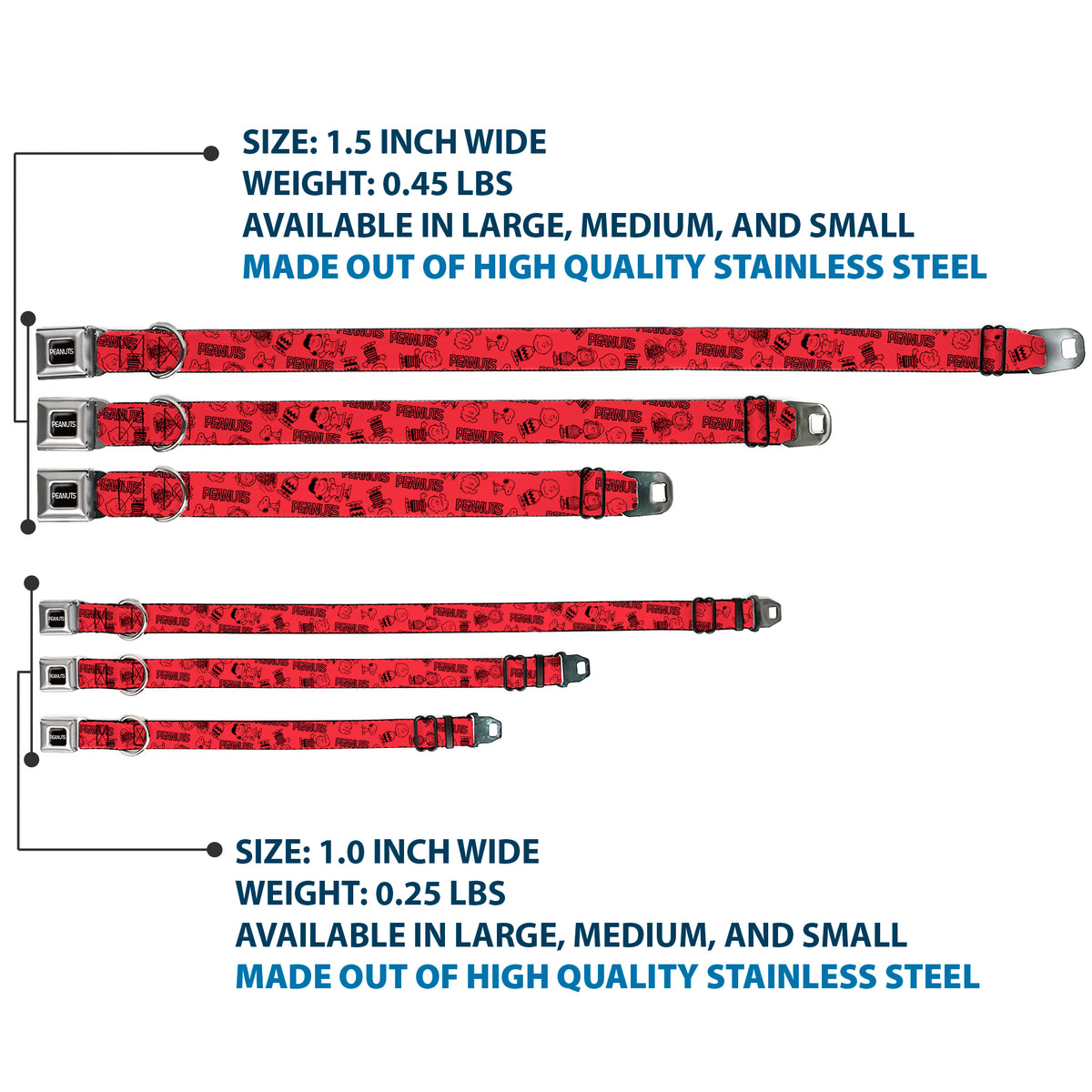 PEANUTS Title Logo Full Color Black/White Seatbelt Buckle Collar - PEANUTS Gang Six Character and Title Logo Collage Red/Black Dog Collars Seatbelt Buckle Peanuts
