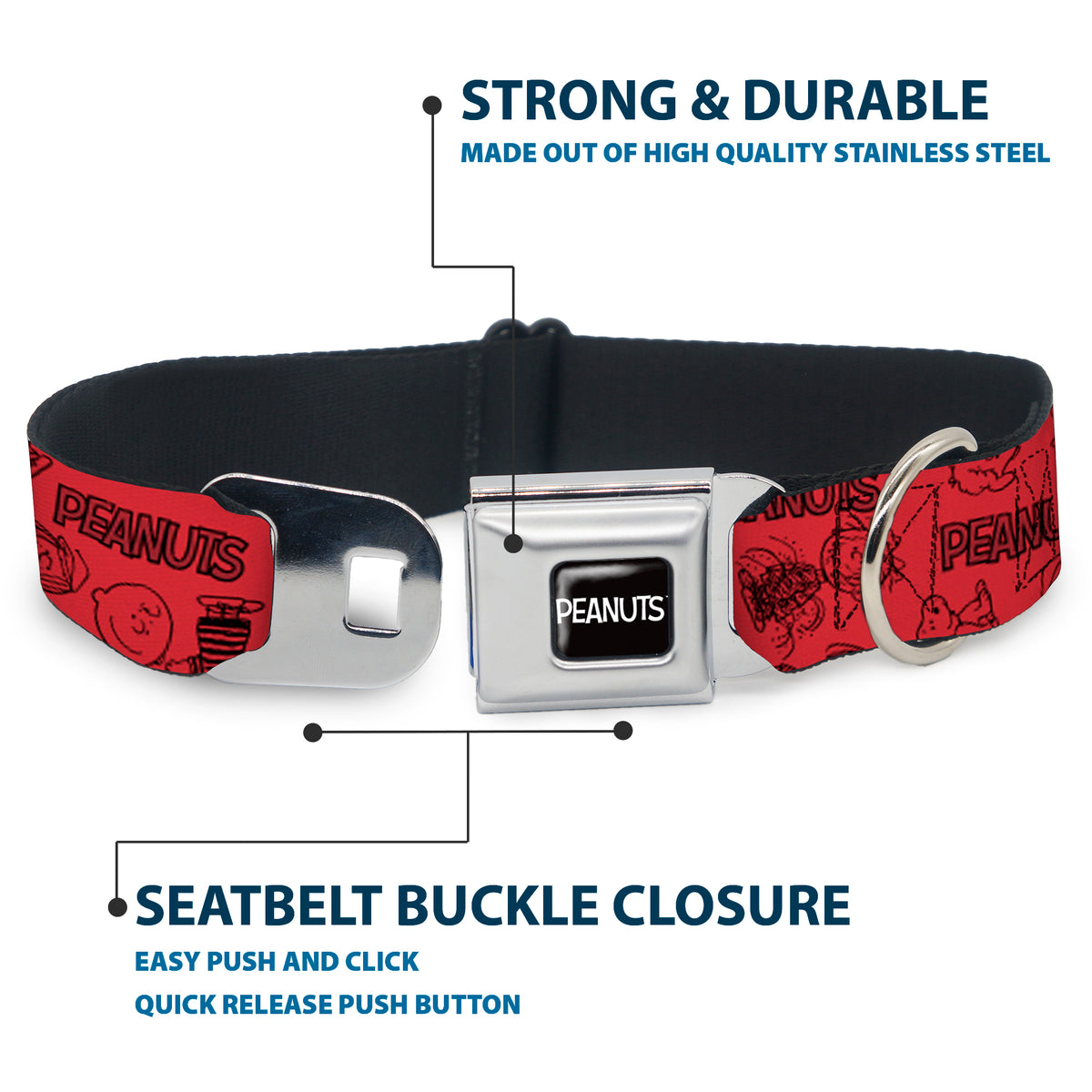 PEANUTS Title Logo Full Color Black/White Seatbelt Buckle Collar - PEANUTS Gang Six Character and Title Logo Collage Red/Black Dog Collars Seatbelt Buckle Peanuts