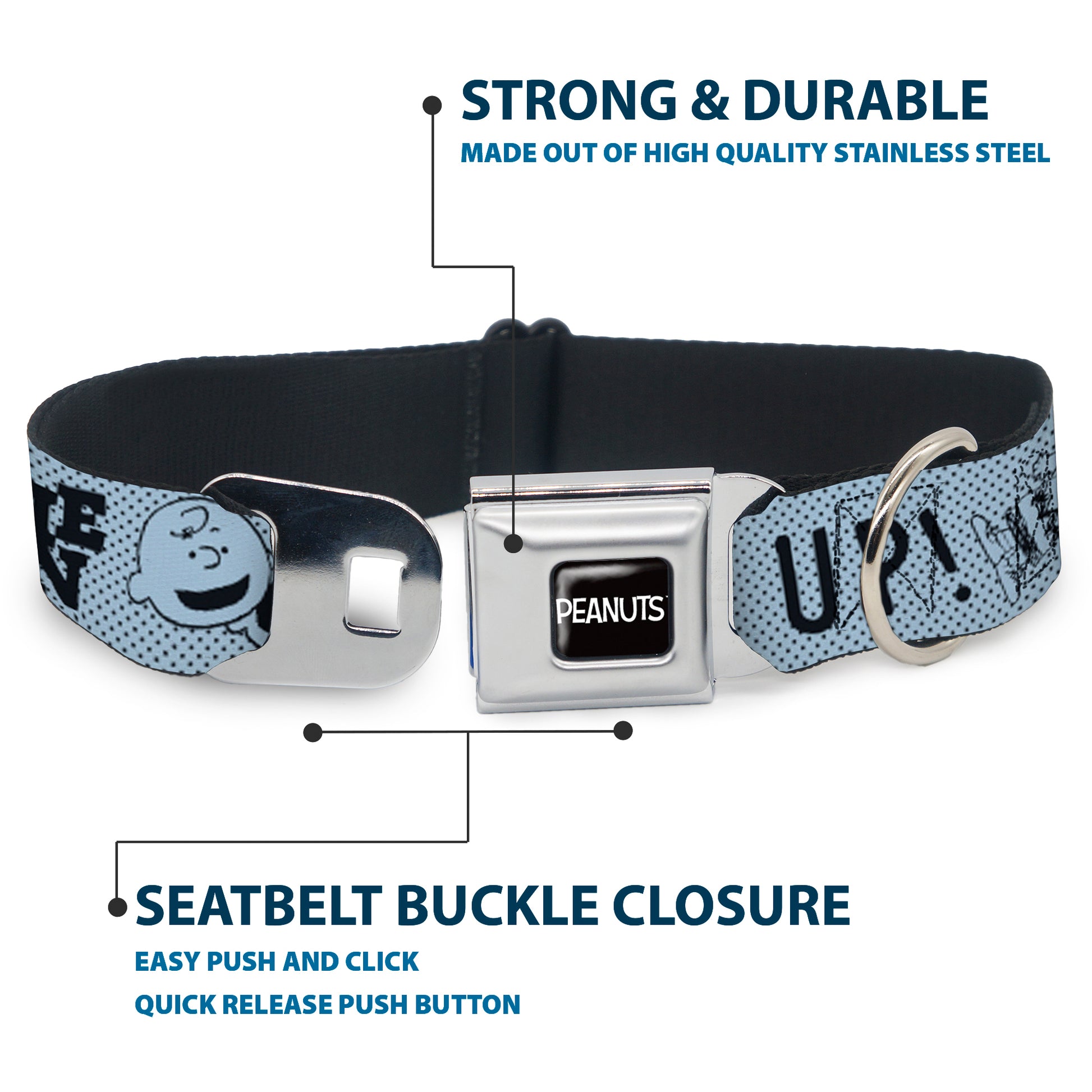 PEANUTS Title Logo Full Color Black/White Seatbelt Buckle Collar - CHARLIE BROWN Poses and Quotes Light Blue/Black Seatbelt Buckle Collars Peanuts