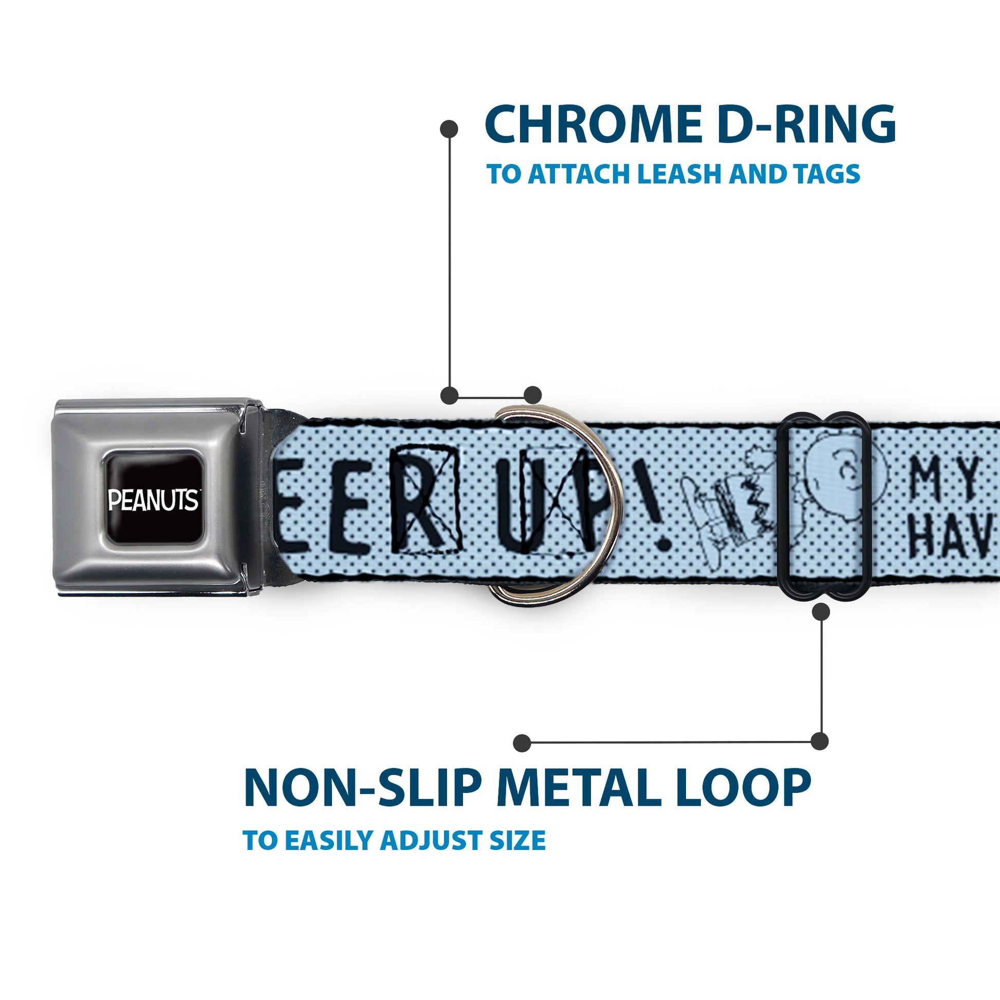 PEANUTS Title Logo Full Color Black/White Seatbelt Buckle Collar - CHARLIE BROWN Poses and Quotes Light Blue/Black Seatbelt Buckle Collars Peanuts