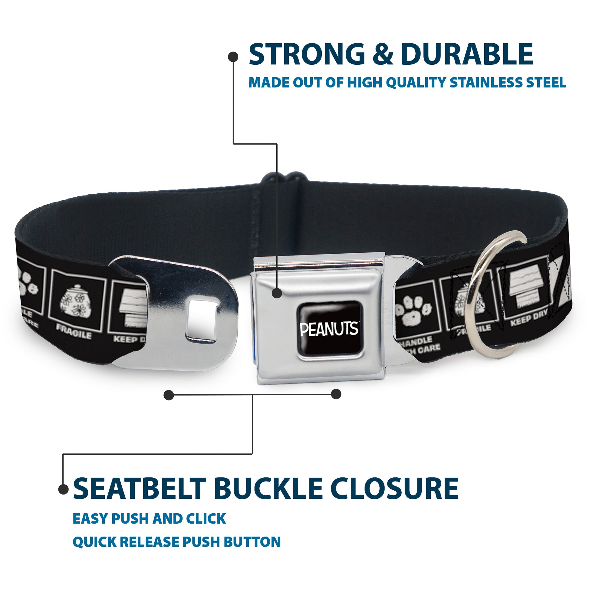 PEANUTS Title Logo Full Color Black/White Seatbelt Buckle Collar - Peanuts SNOOPY Care Symbols 100% ORIGINAL Black/White Seatbelt Buckle Collars Peanuts
