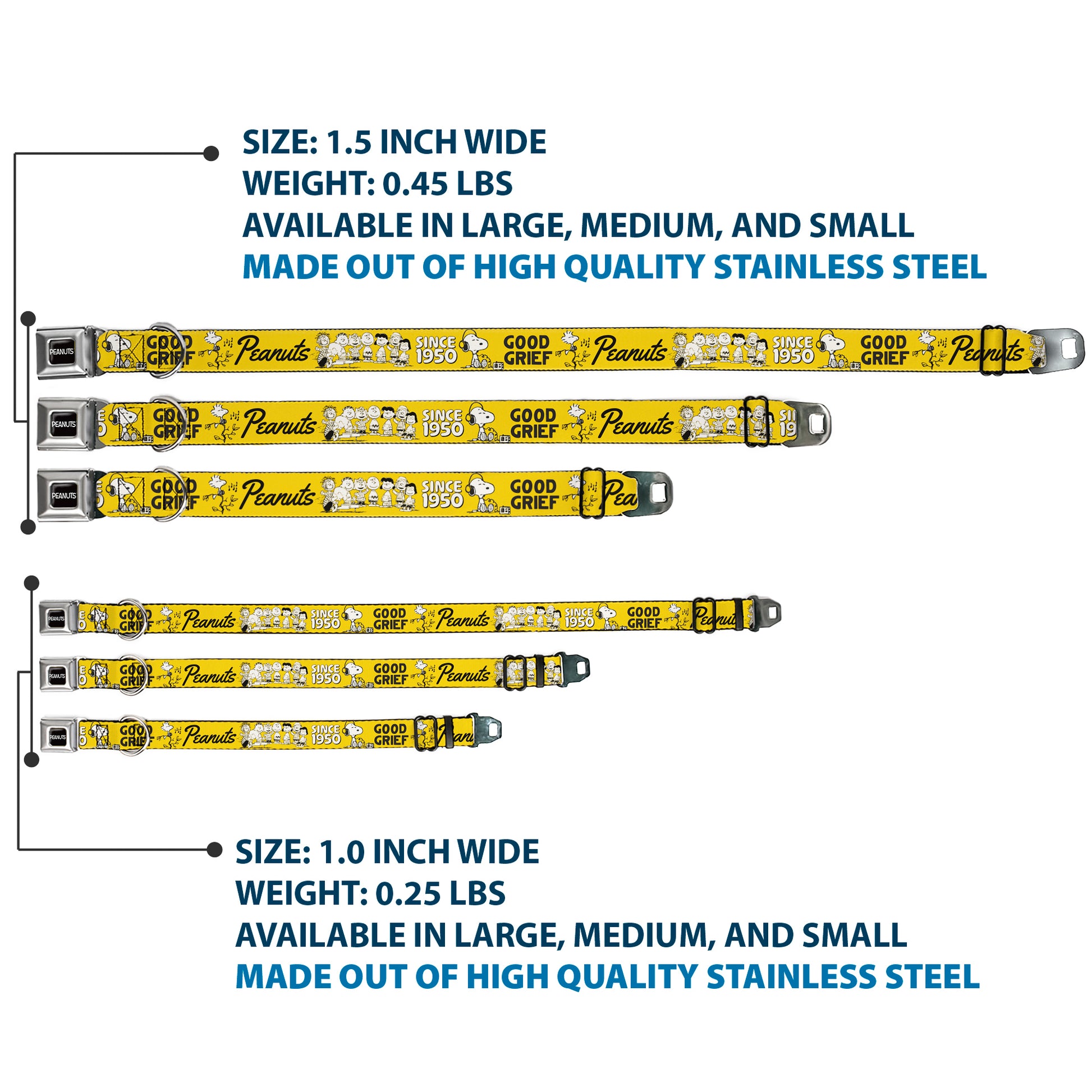 PEANUTS Title Logo Full Color Black/White Seatbelt Buckle Collar - PEANUTS Gang SINCE 1950 GOOD GRIEF Group Pose Yellow/Black Seatbelt Buckle Collars Peanuts