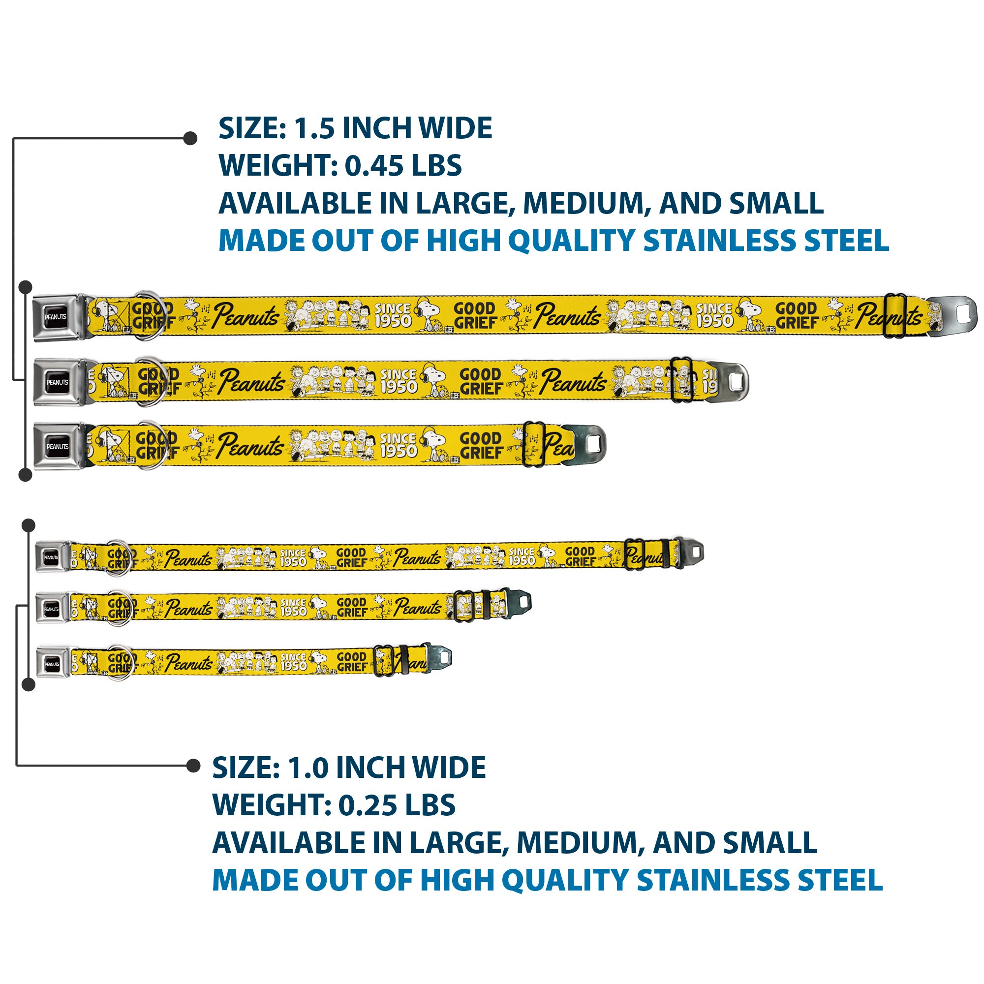 PEANUTS Title Logo Full Color Black/White Seatbelt Buckle Collar - PEANUTS Gang SINCE 1950 GOOD GRIEF Group Pose Yellow/Black Seatbelt Buckle Collars Peanuts