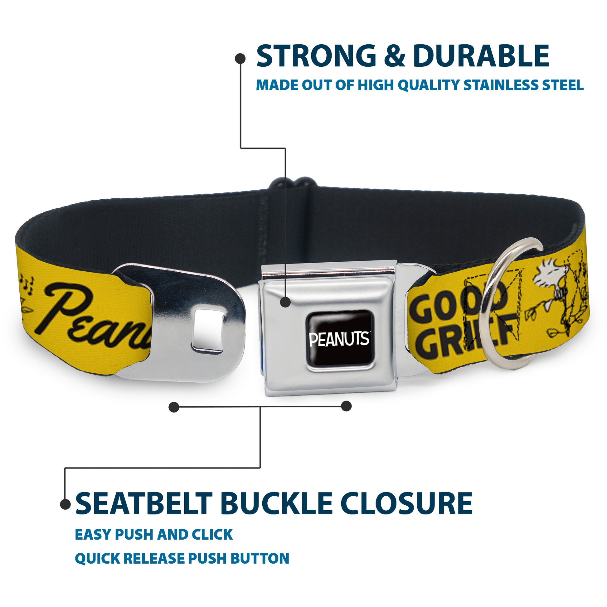 PEANUTS Title Logo Full Color Black/White Seatbelt Buckle Collar - PEANUTS Gang SINCE 1950 GOOD GRIEF Group Pose Yellow/Black Seatbelt Buckle Collars Peanuts