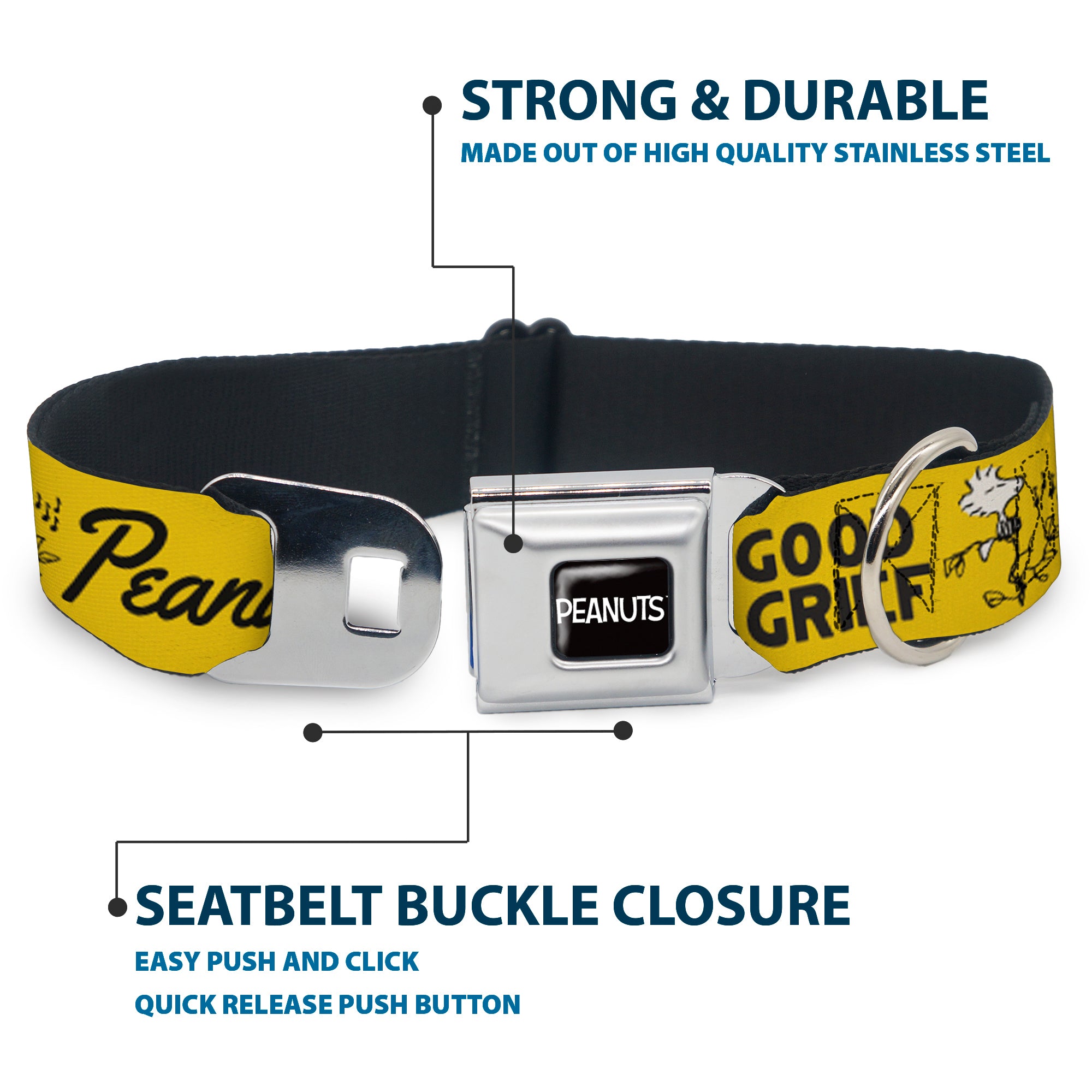 PEANUTS Title Logo Full Color Black/White Seatbelt Buckle Collar - PEANUTS Gang SINCE 1950 GOOD GRIEF Group Pose Yellow/Black Seatbelt Buckle Collars Peanuts