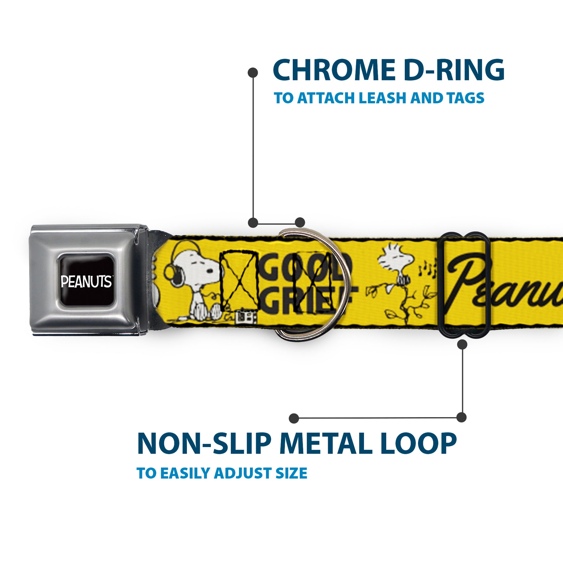 PEANUTS Title Logo Full Color Black/White Seatbelt Buckle Collar - PEANUTS Gang SINCE 1950 GOOD GRIEF Group Pose Yellow/Black Seatbelt Buckle Collars Peanuts