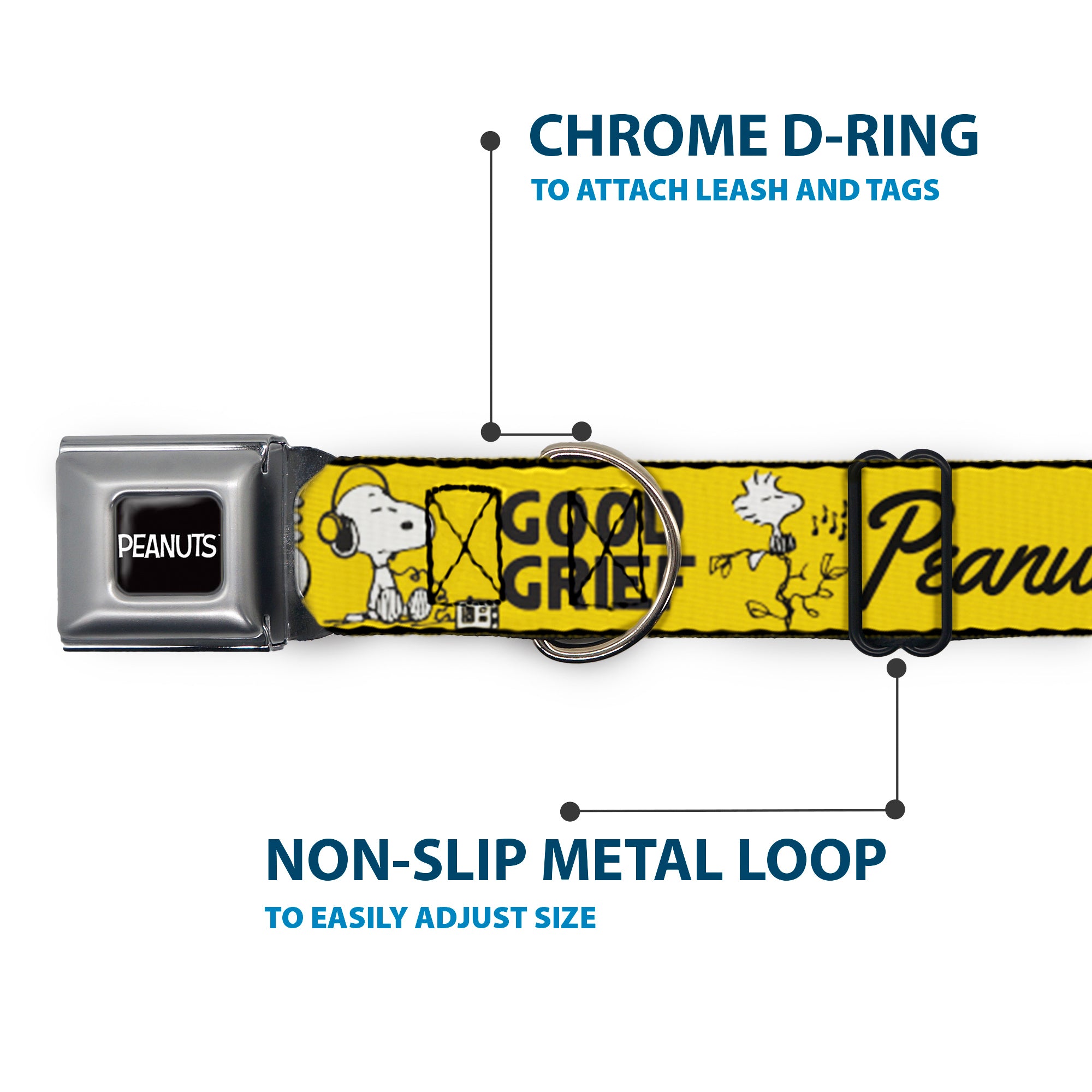 PEANUTS Title Logo Full Color Black/White Seatbelt Buckle Collar - PEANUTS Gang SINCE 1950 GOOD GRIEF Group Pose Yellow/Black Seatbelt Buckle Collars Peanuts