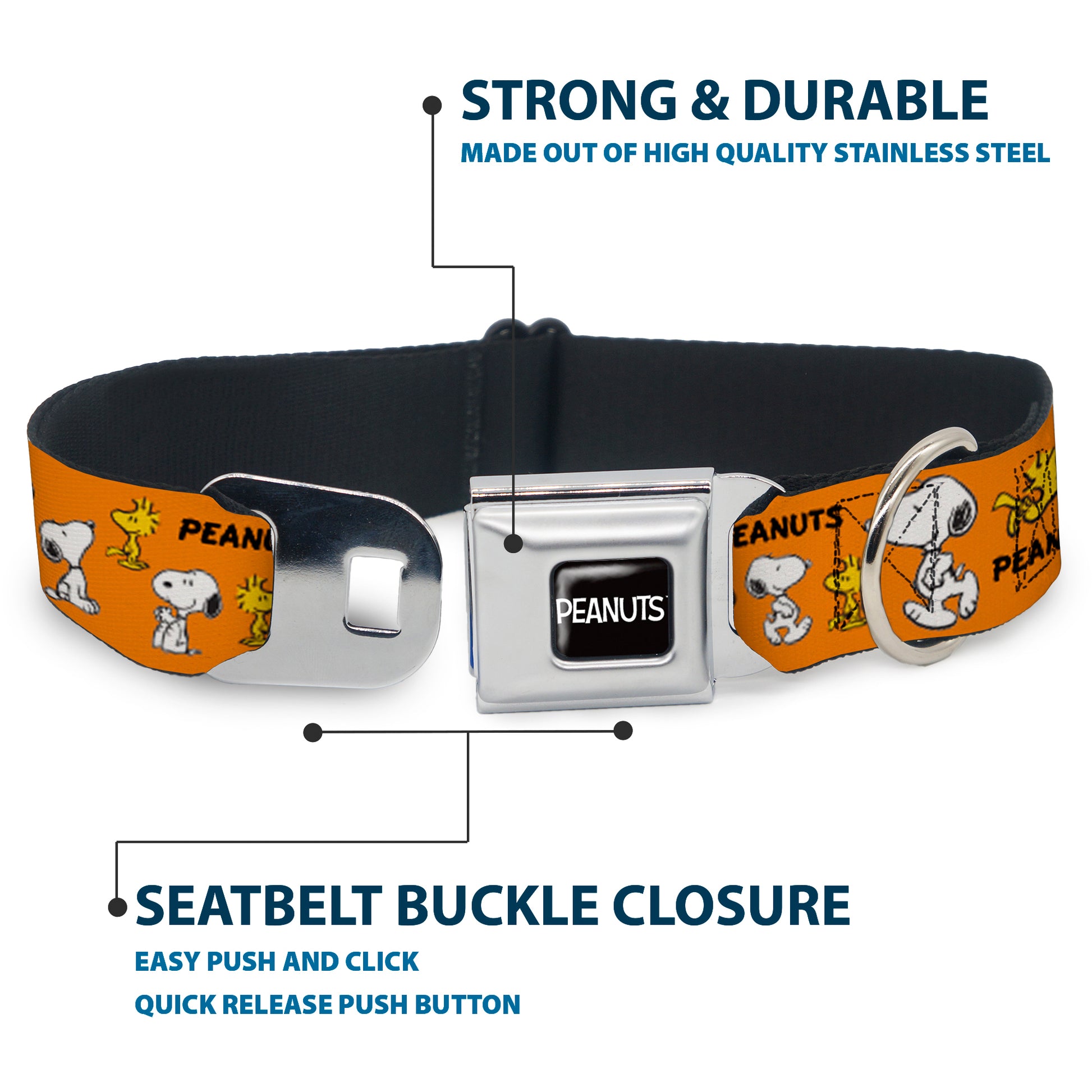 PEANUTS Title Logo Full Color Black/White Seatbelt Buckle Collar - PEANUTS Snoopy and Woodstock Poses Collage Orange Seatbelt Buckle Collars Peanuts