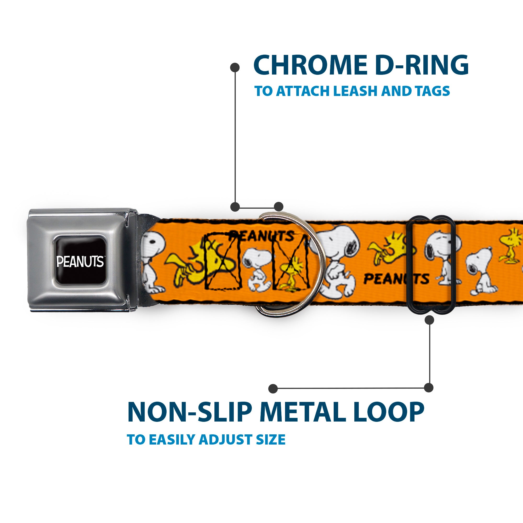 PEANUTS Title Logo Full Color Black/White Seatbelt Buckle Collar - PEANUTS Snoopy and Woodstock Poses Collage Orange Seatbelt Buckle Collars Peanuts