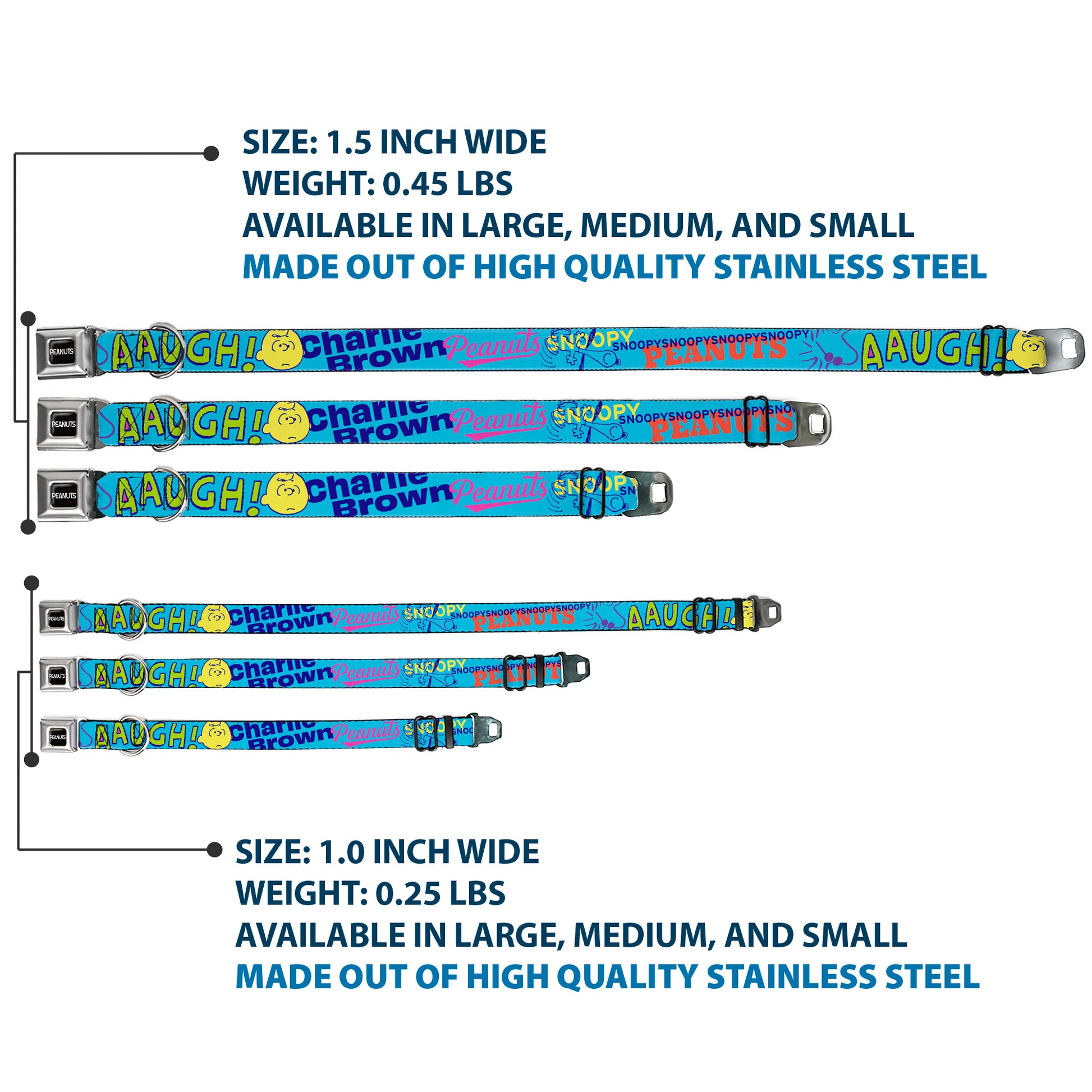 PEANUTS Title Logo Full Color Black/White Seatbelt Buckle Collar - PEANUTS Charlie Brown Snoopy and Woodstock Typography Collage Blue/Multi Color Seatbelt Buckle Collars Peanuts