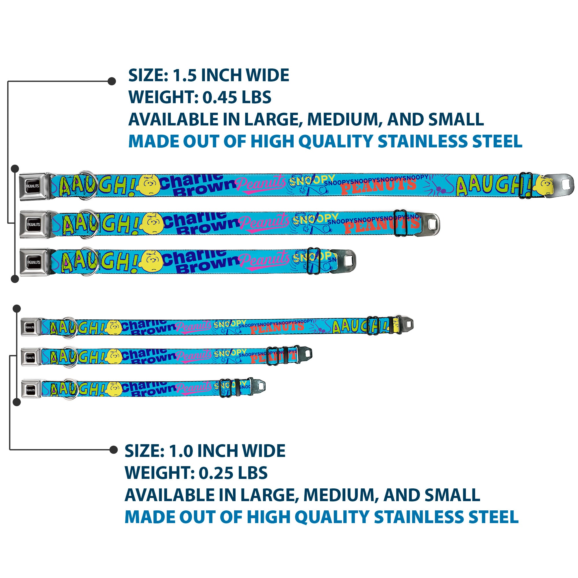 PEANUTS Title Logo Full Color Black/White Seatbelt Buckle Collar - PEANUTS Charlie Brown Snoopy and Woodstock Typography Collage Blue/Multi Color Seatbelt Buckle Collars Peanuts