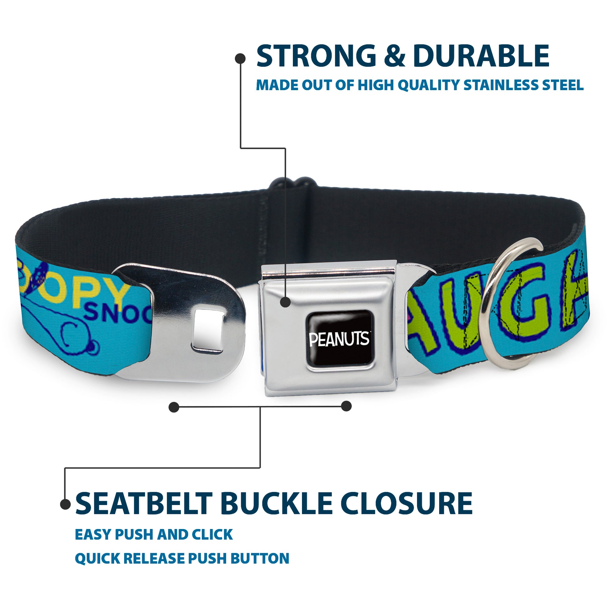 PEANUTS Title Logo Full Color Black/White Seatbelt Buckle Collar - PEANUTS Charlie Brown Snoopy and Woodstock Typography Collage Blue/Multi Color Seatbelt Buckle Collars Peanuts