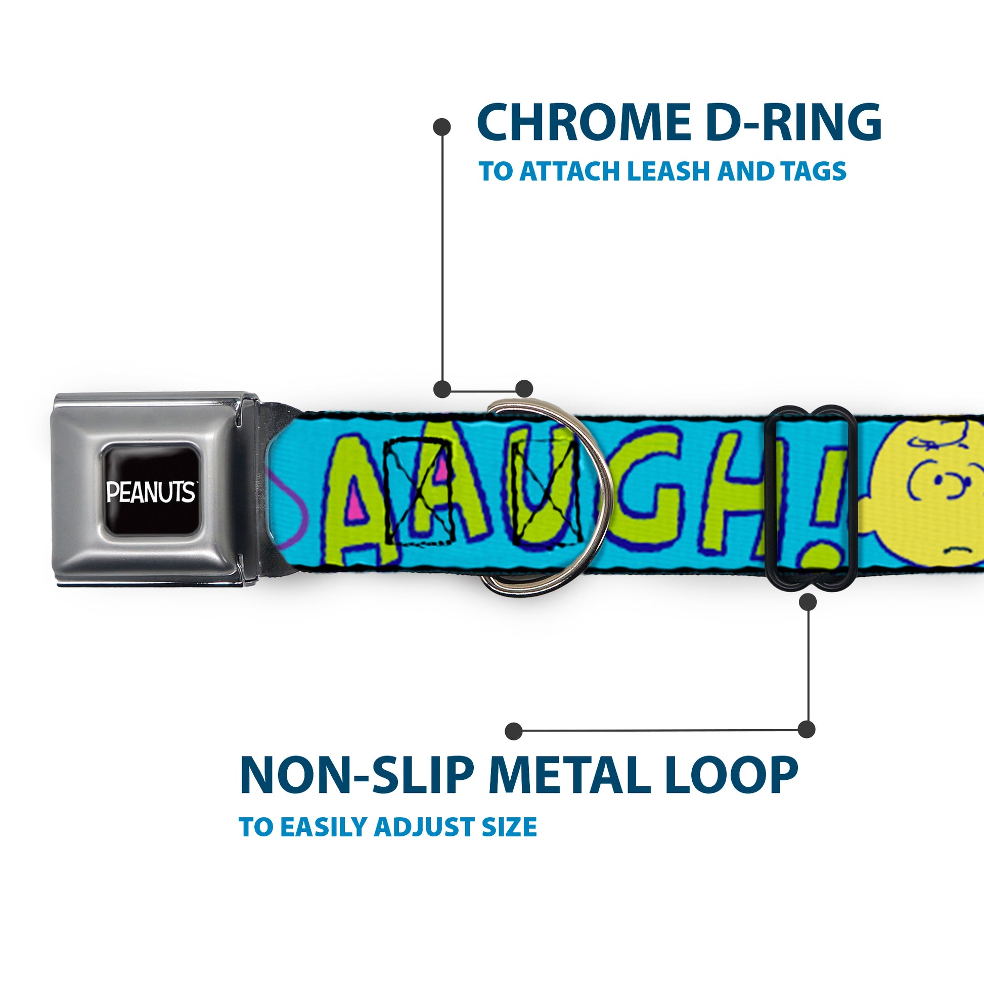 PEANUTS Title Logo Full Color Black/White Seatbelt Buckle Collar - PEANUTS Charlie Brown Snoopy and Woodstock Typography Collage Blue/Multi Color Seatbelt Buckle Collars Peanuts