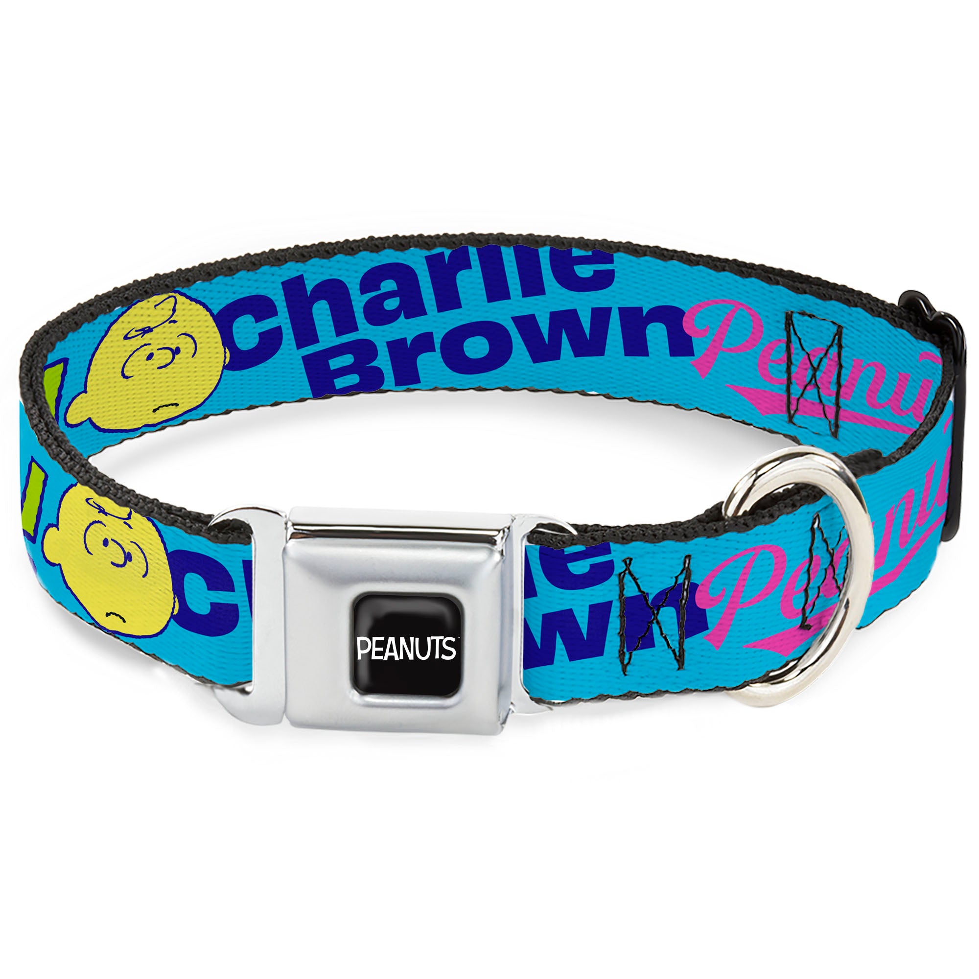 PEANUTS Title Logo Full Color Black/White Seatbelt Buckle Collar - PEANUTS Charlie Brown Snoopy and Woodstock Typography Collage Blue/Multi Color Seatbelt Buckle Collars Peanuts