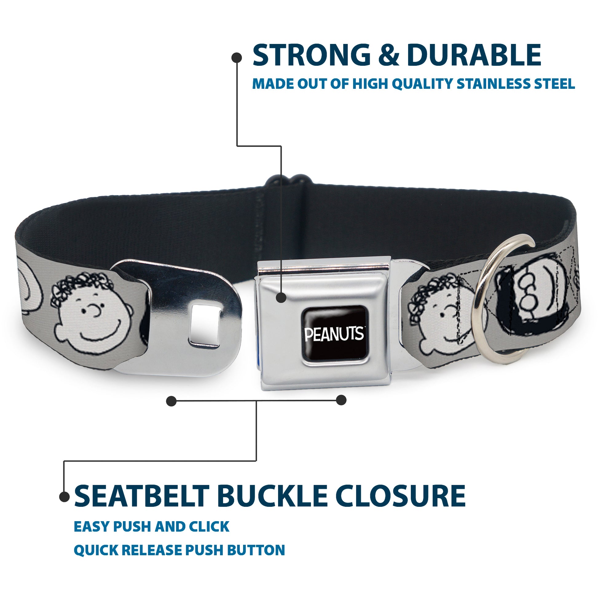 PEANUTS Title Logo Full Color Black/White Seatbelt Buckle Collar - Peanuts Gang Expressions Gray/Black/White Seatbelt Buckle Collars Peanuts
