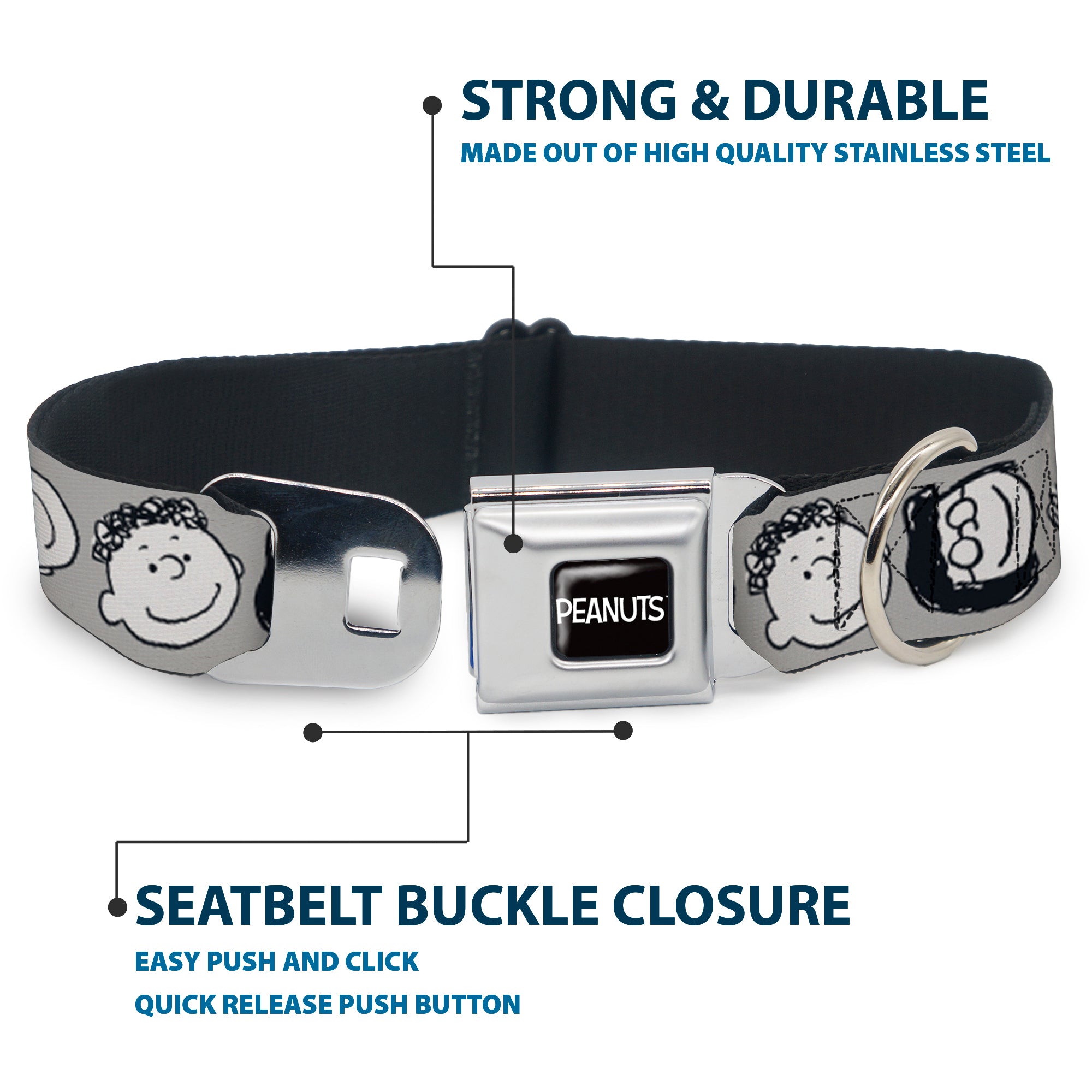 PEANUTS Title Logo Full Color Black/White Seatbelt Buckle Collar - Peanuts Gang Expressions Gray/Black/White Seatbelt Buckle Collars Peanuts