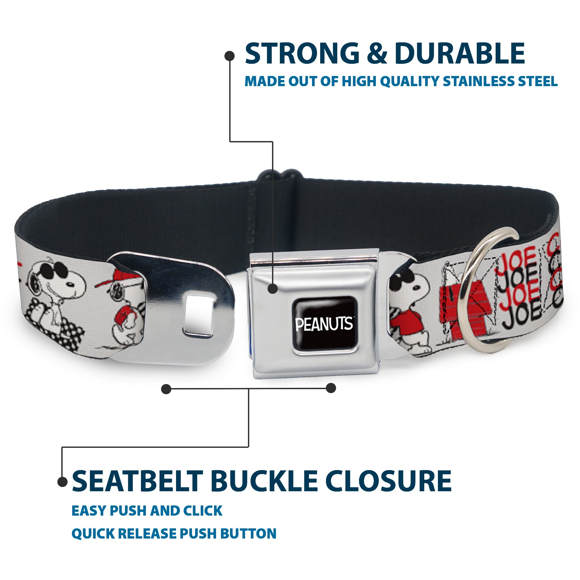 PEANUTS Title Logo Full Color Black/White Seatbelt Buckle Collar - Peanuts JOE COOL Snoopy Poses and Text Gray/Black/Red/White Seatbelt Buckle Collars Peanuts