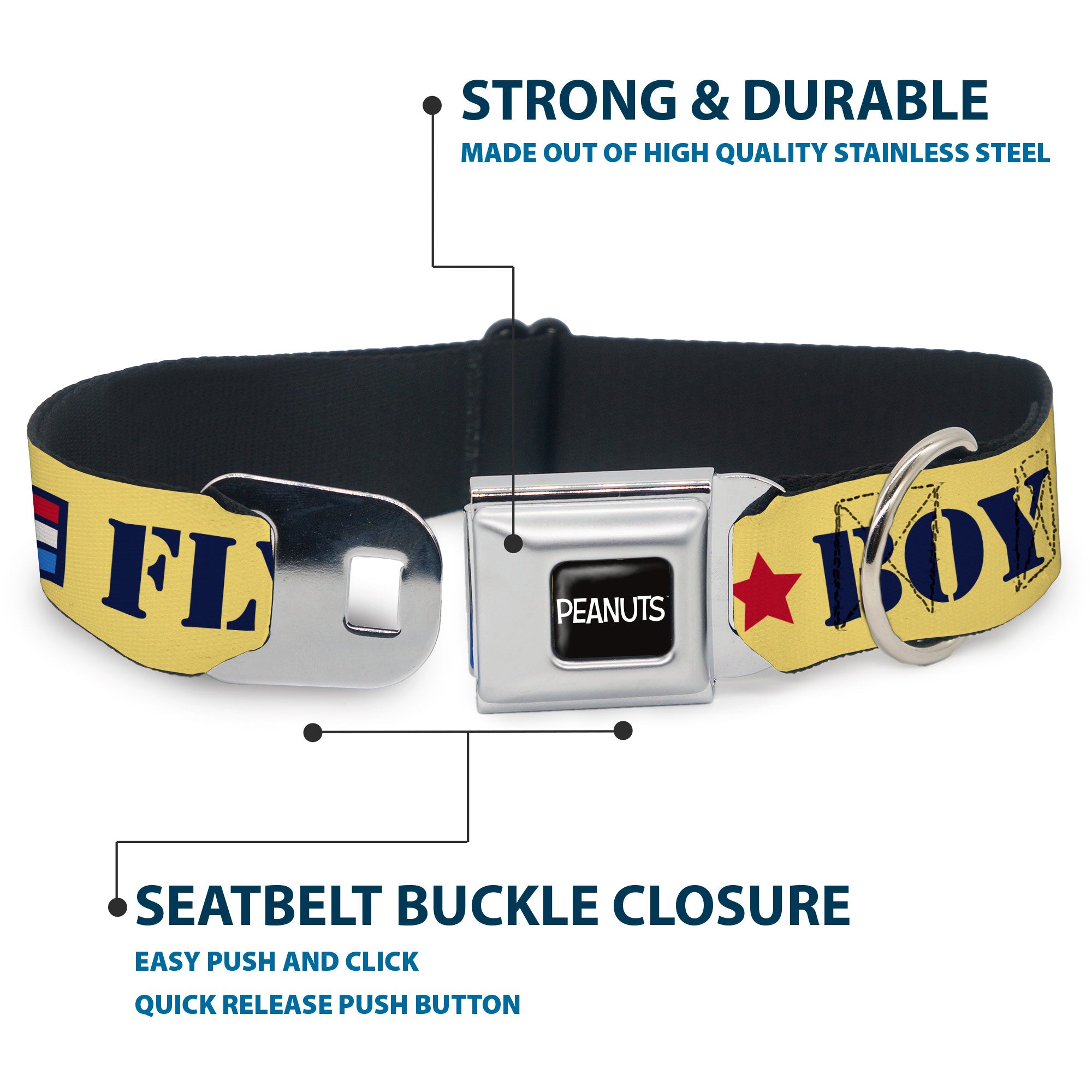 PEANUTS Title Logo Full Color Black/White Seatbelt Buckle Collar - Peanuts Snoopy FLY BOY TOP DOG Flying Ace Yellow/Blue/Red Seatbelt Buckle Collars Peanuts