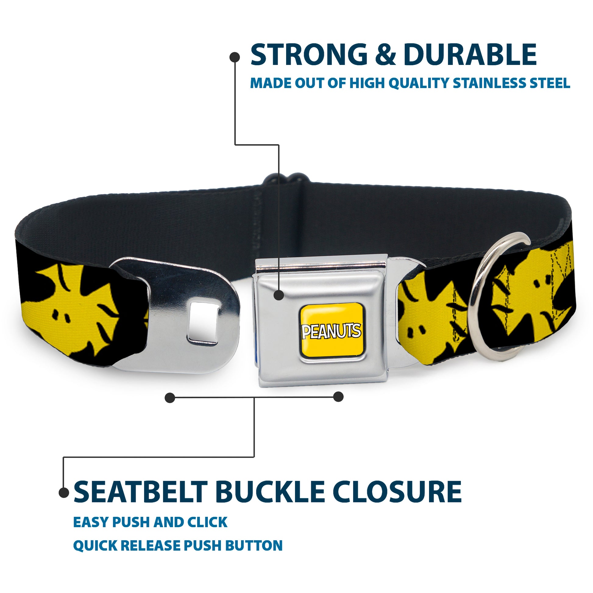 PEANUTS Title Logo Full Color Yellow/White Seatbelt Buckle Collar - Peanuts Woodstock Face Flip Black/Yellow Seatbelt Buckle Collars Peanuts