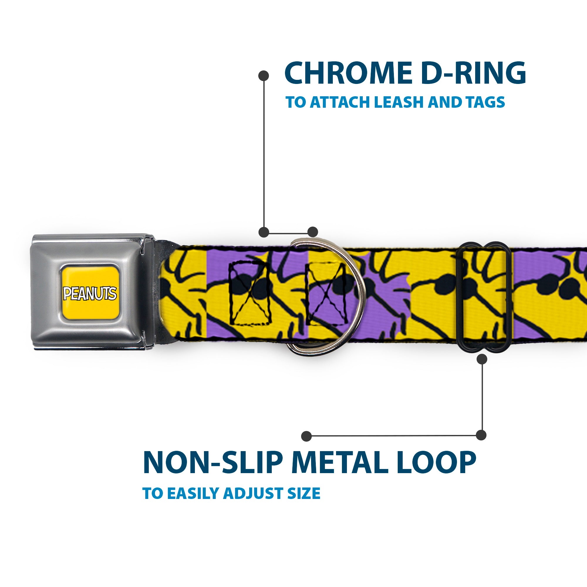 PEANUTS Title Logo Full Color Yellow/White Seatbelt Buckle Collar - Peanuts Woodstock Shades Pose Blocks Blue/Yellow/Black Seatbelt Buckle Collars Peanuts