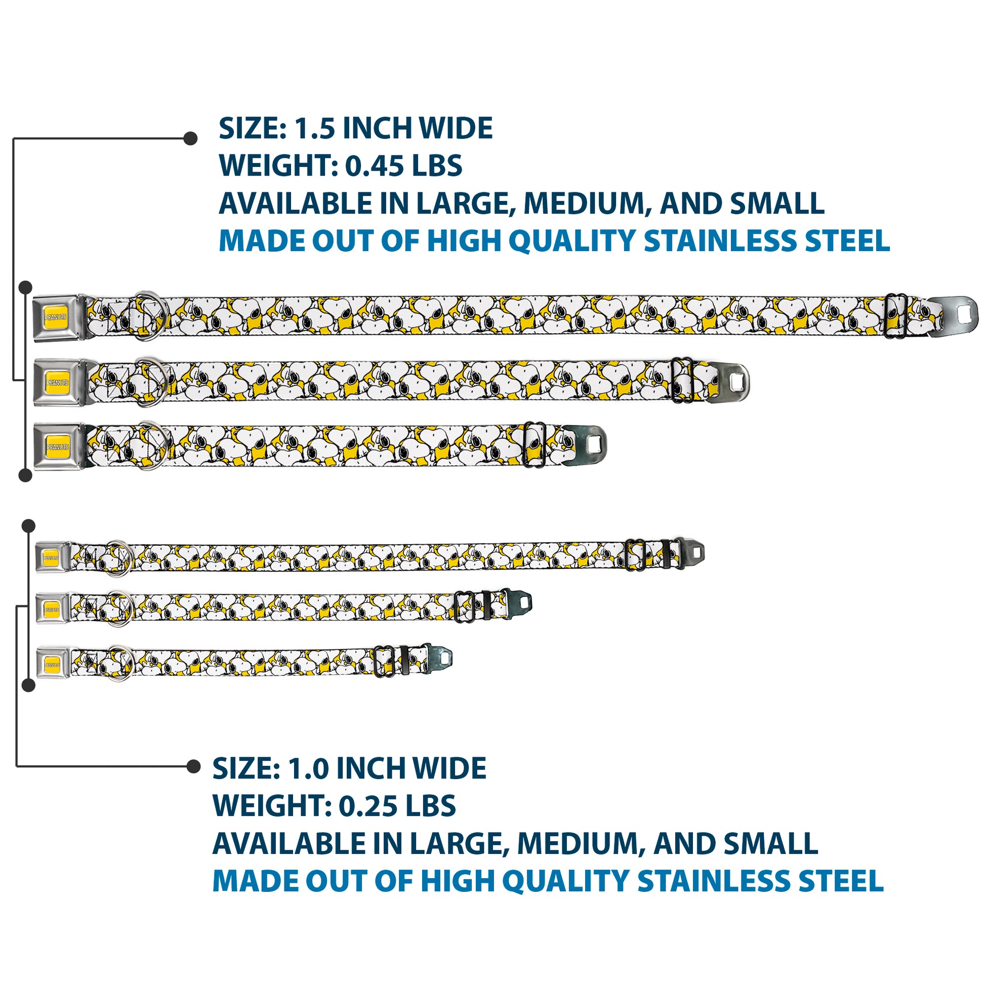 PEANUTS Title Logo Full Color Yellow/White Seatbelt Buckle Collar - Peanuts Snoopy Pose Stacked Yellow Seatbelt Buckle Collars Peanuts