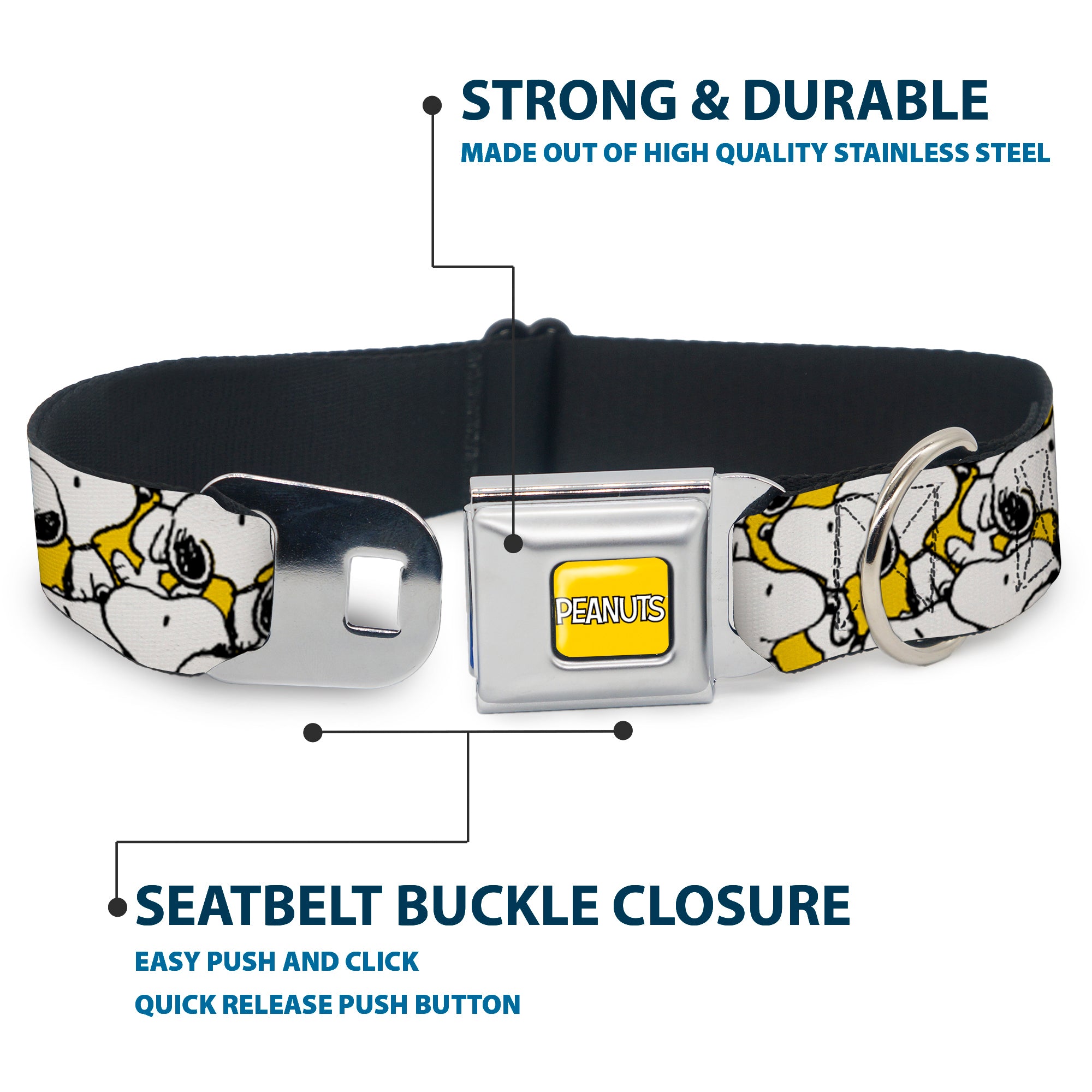 PEANUTS Title Logo Full Color Yellow/White Seatbelt Buckle Collar - Peanuts Snoopy Pose Stacked Yellow Seatbelt Buckle Collars Peanuts