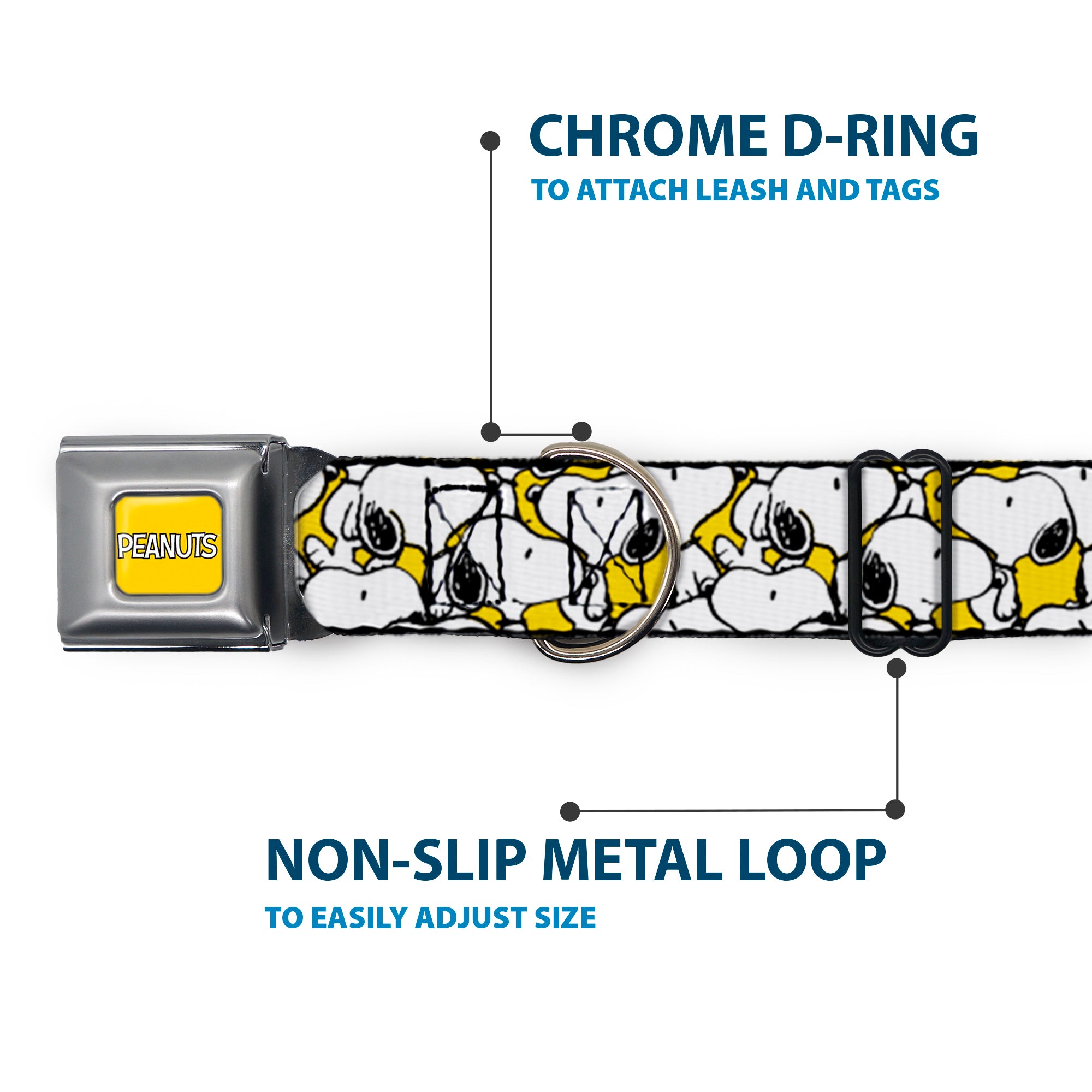 PEANUTS Title Logo Full Color Yellow/White Seatbelt Buckle Collar - Peanuts Snoopy Pose Stacked Yellow Seatbelt Buckle Collars Peanuts