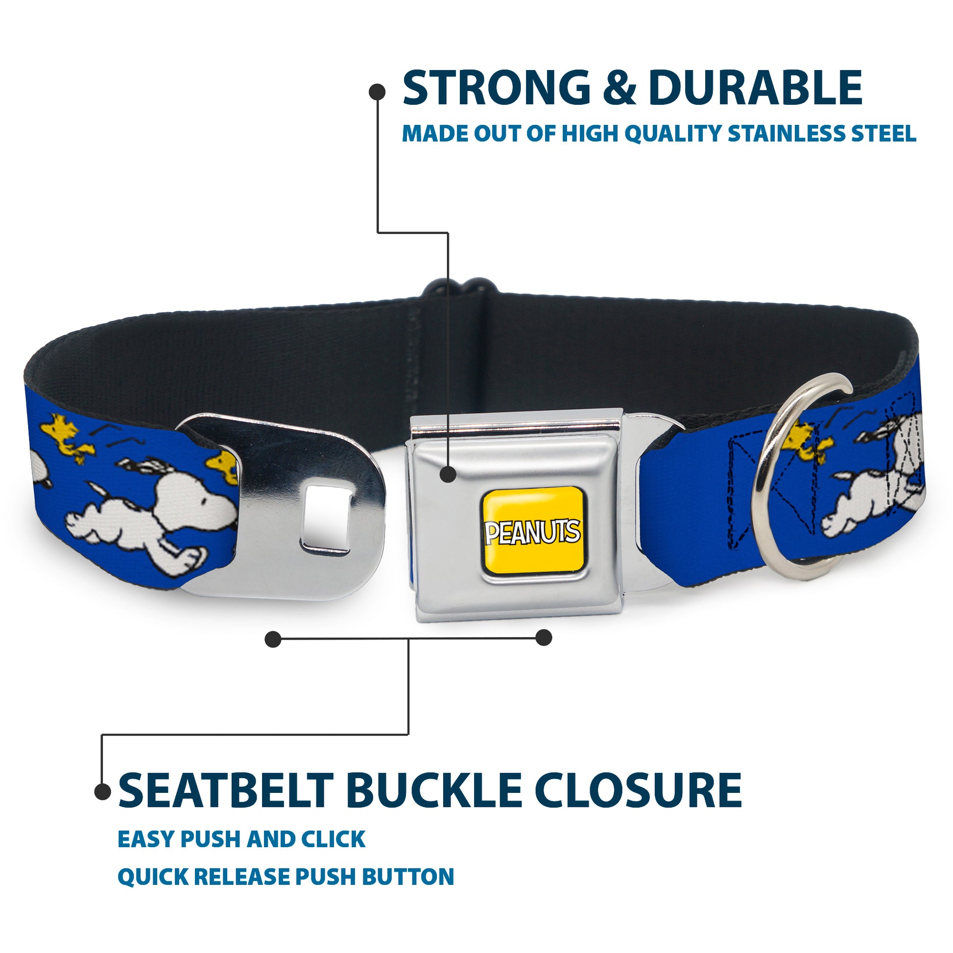 PEANUTS Title Logo Full Color Yellow/White Seatbelt Buckle Collar - Peanuts Snoopy Running and Woodstock Pose Blue Seatbelt Buckle Collars Peanuts