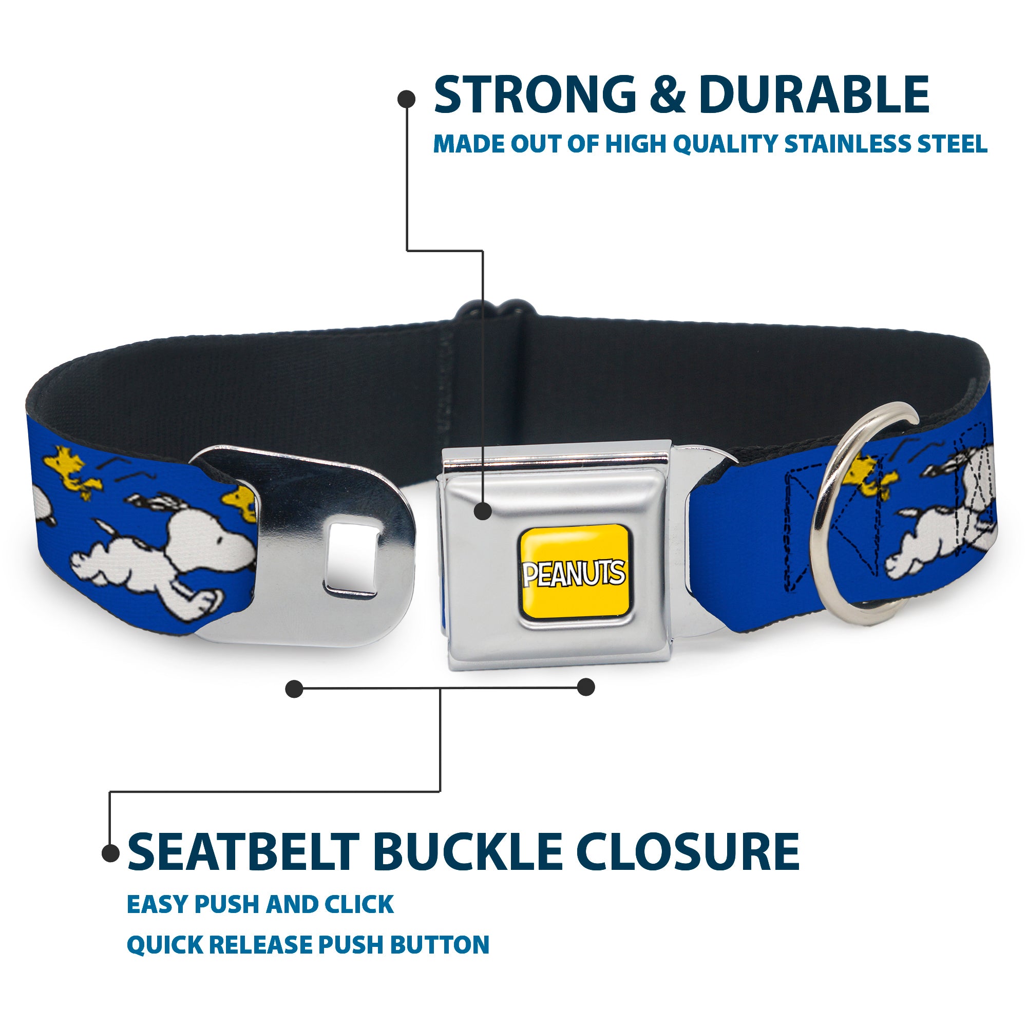 PEANUTS Title Logo Full Color Yellow/White Seatbelt Buckle Collar - Peanuts Snoopy Running and Woodstock Pose Blue Seatbelt Buckle Collars Peanuts